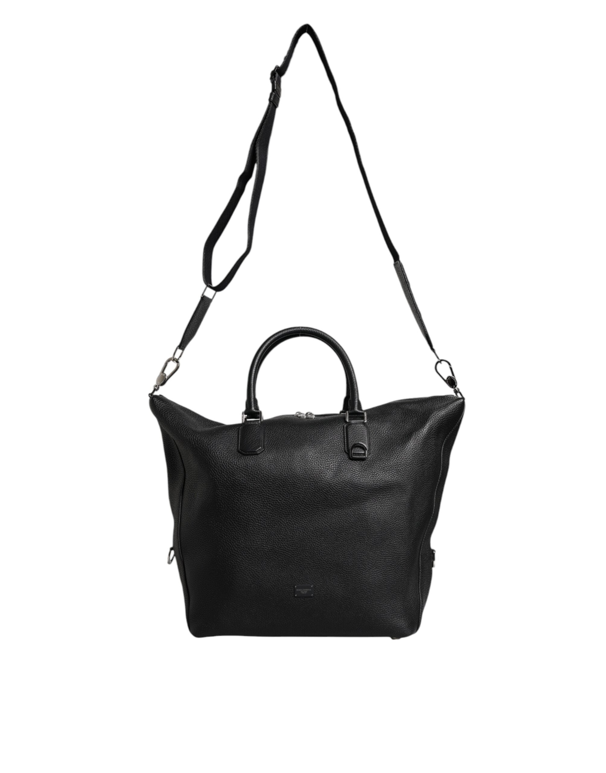 Black Calfskin Leather Hand Shoulder Duffle Bag - ventzia