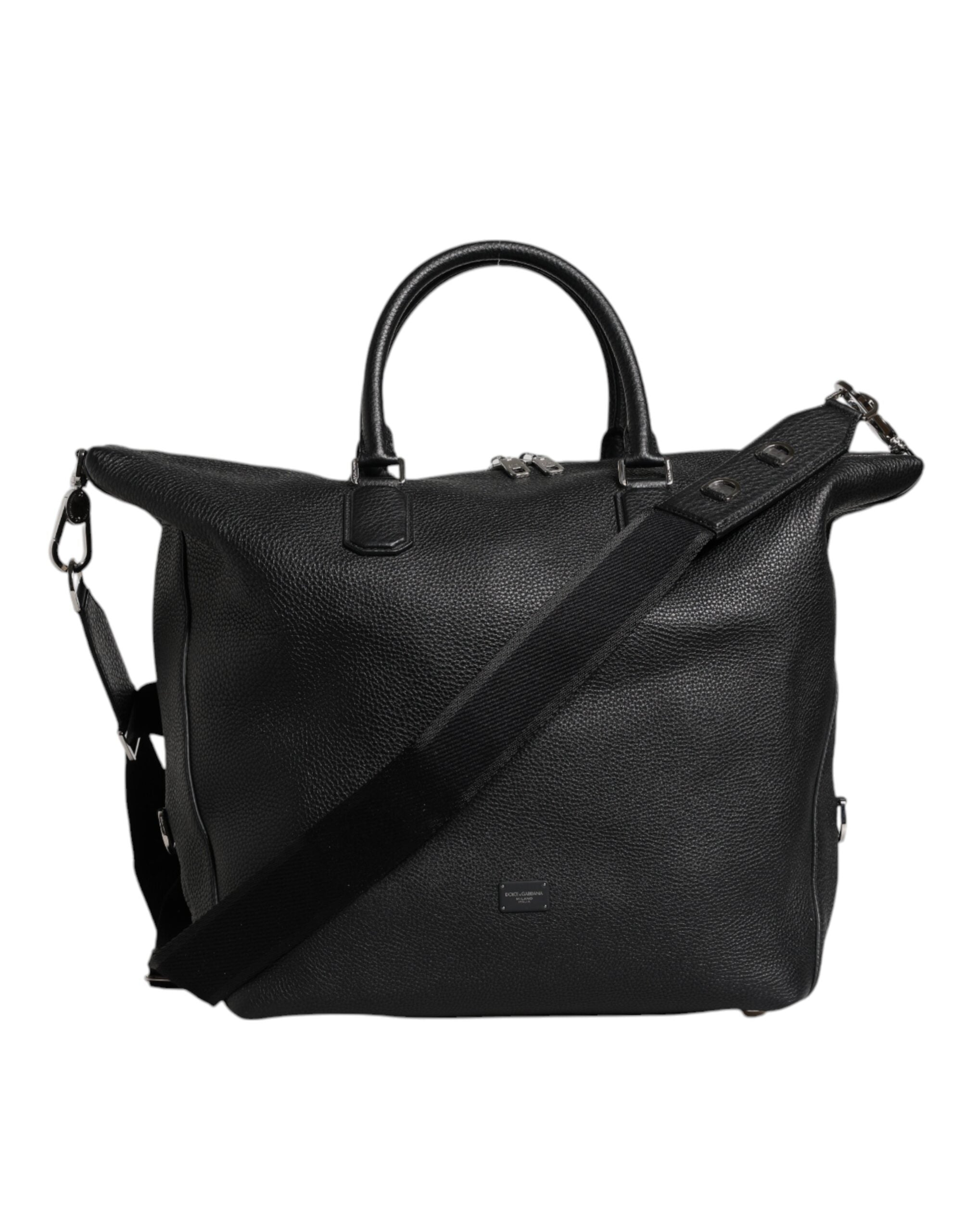 Black Calfskin Leather Hand Shoulder Duffle Bag - ventzia