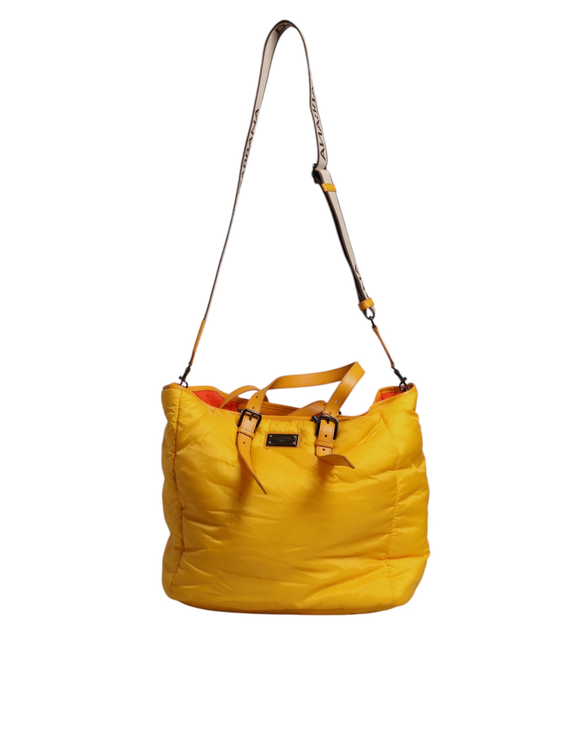Yellow Orange Nylon Logo Plaque Hand Shoulder Duffle Bag - ventzia