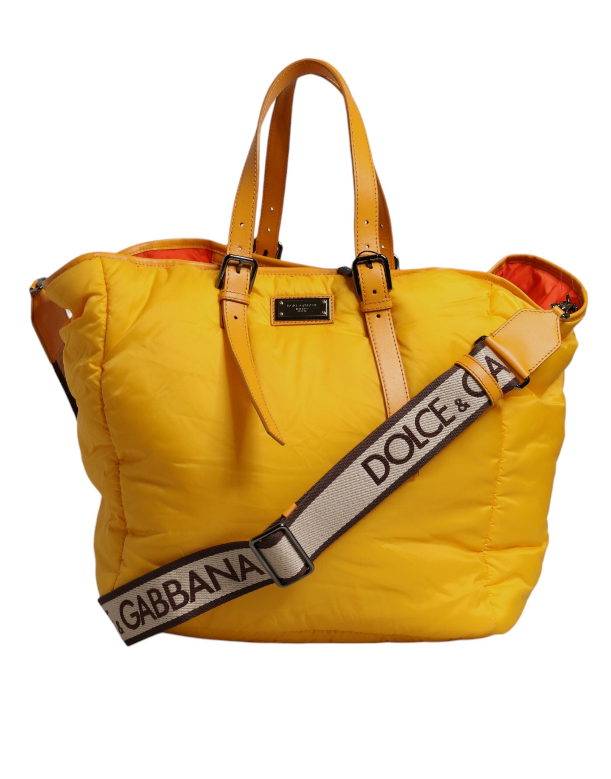 Yellow Orange Nylon Logo Plaque Hand Shoulder Duffle Bag - ventzia