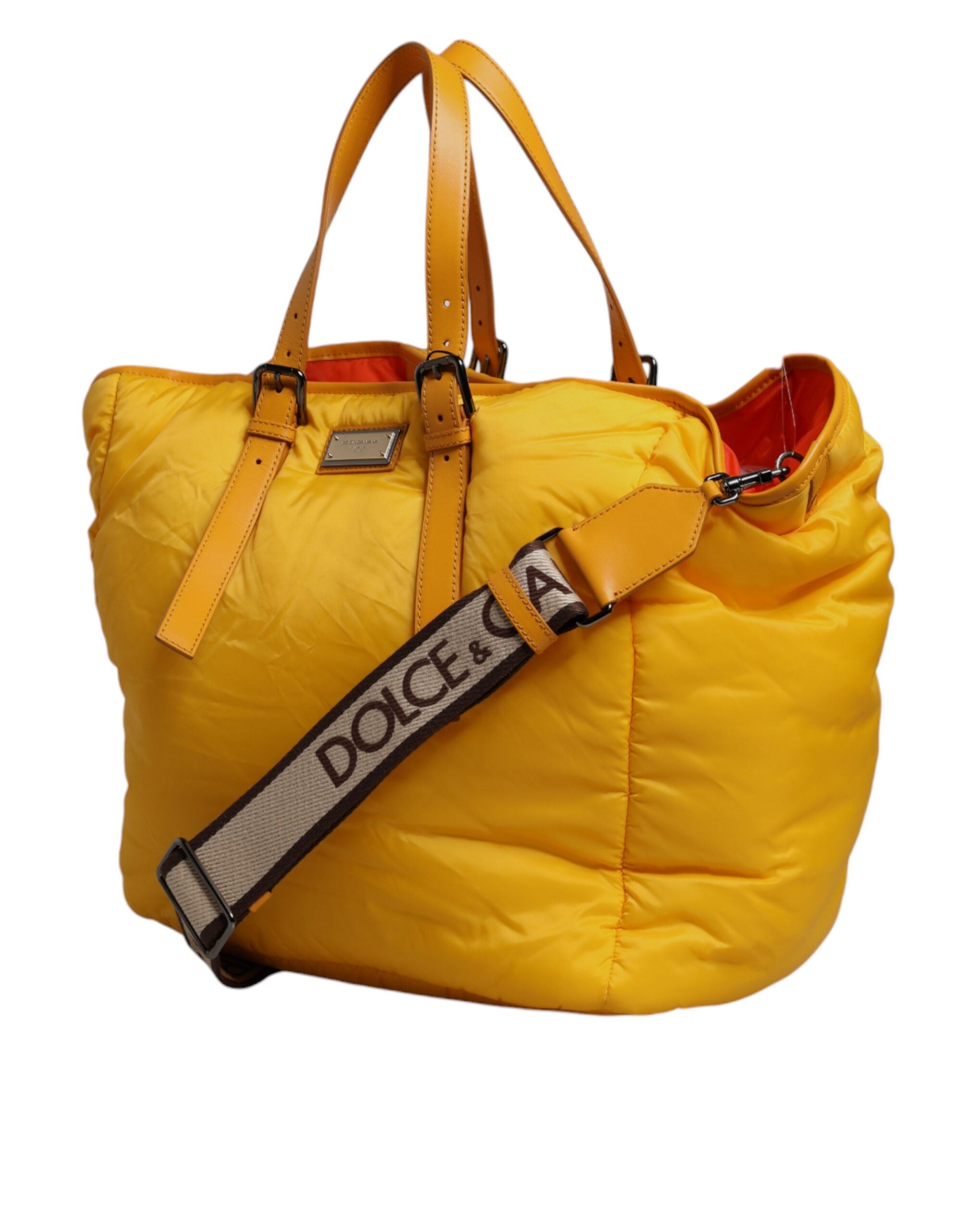 Yellow Orange Nylon Logo Plaque Hand Shoulder Duffle Bag - ventzia