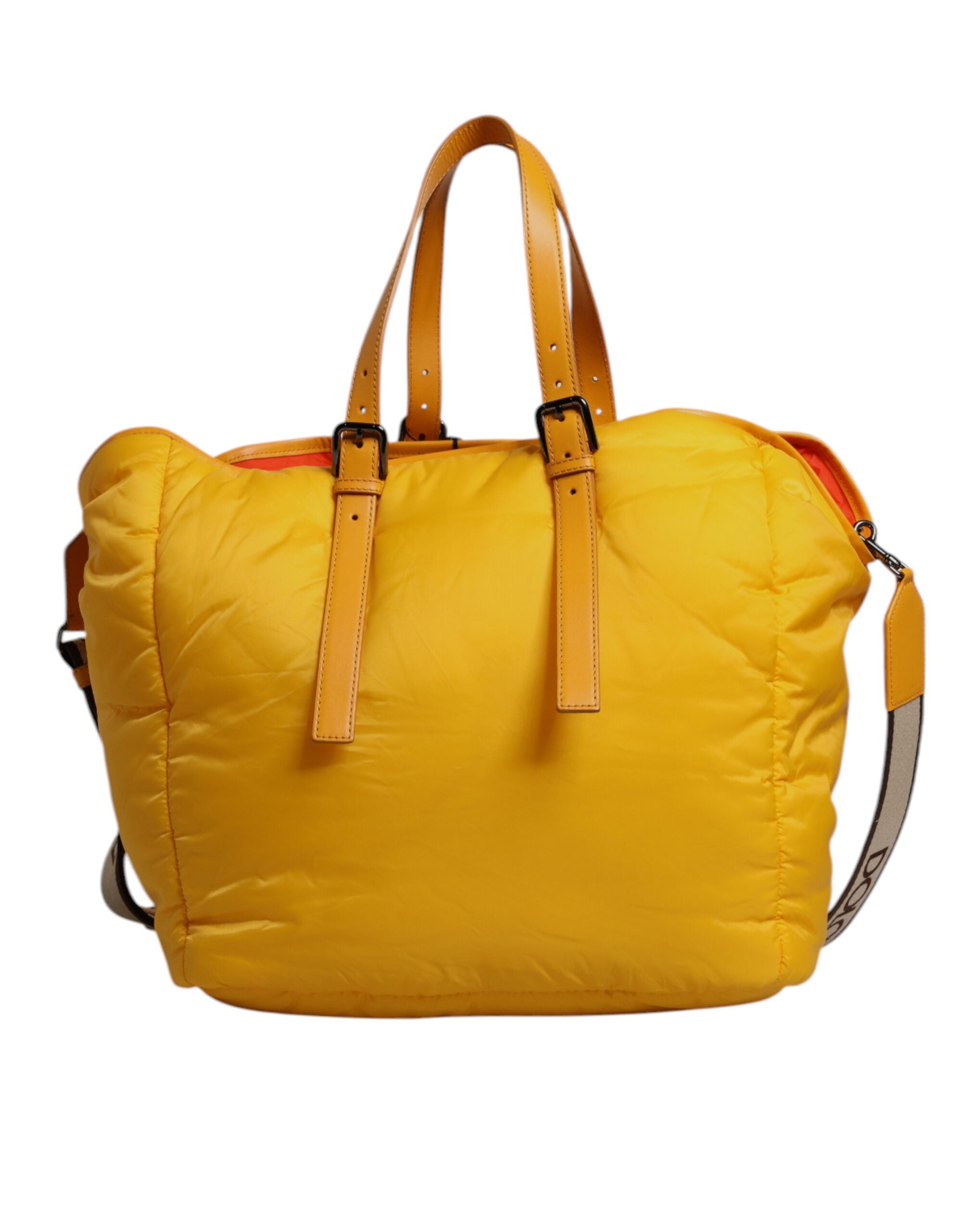 Yellow Orange Nylon Logo Plaque Hand Shoulder Duffle Bag - ventzia