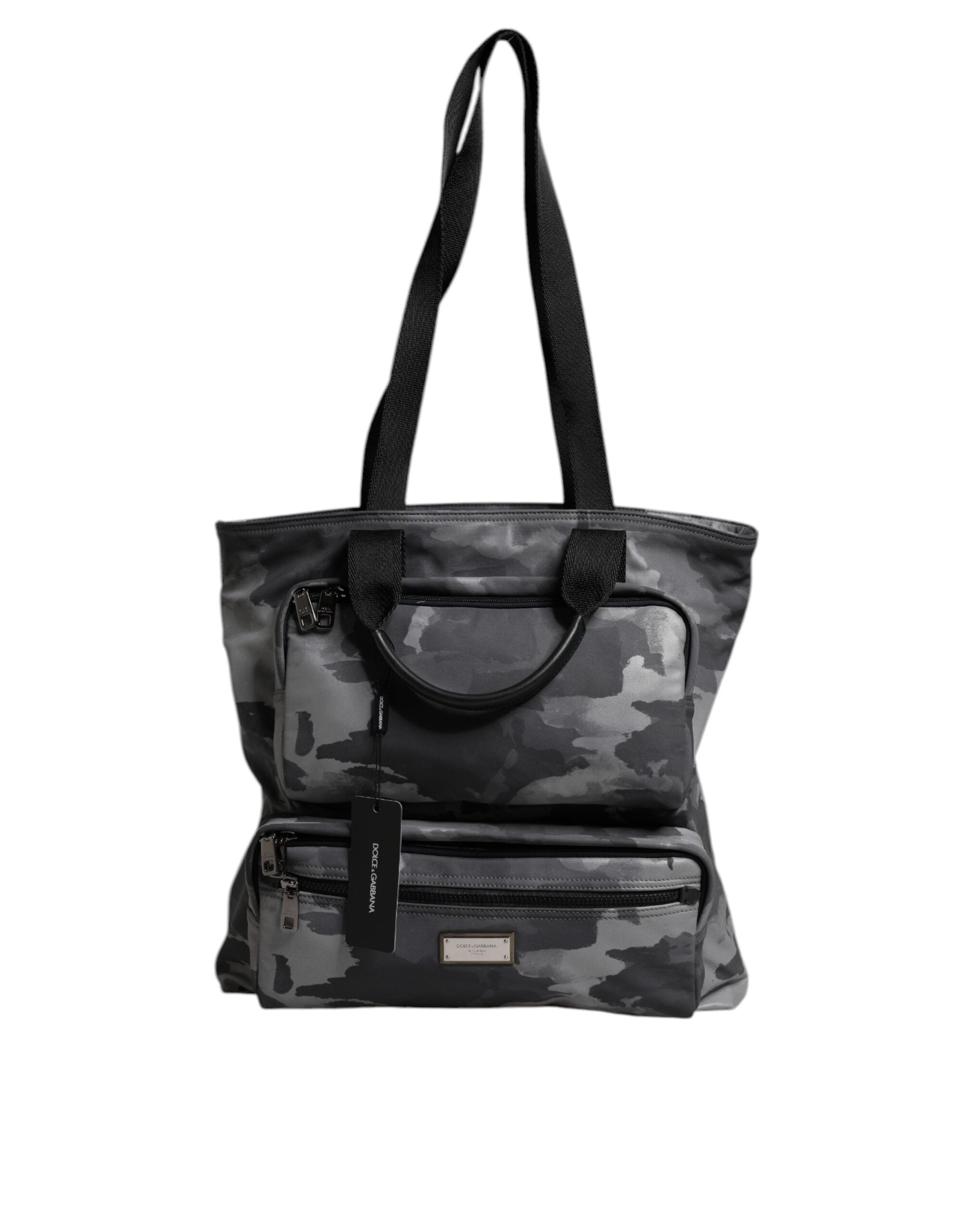 Gray Camo Cotton Multiple Compartments Tote Bag - ventzia