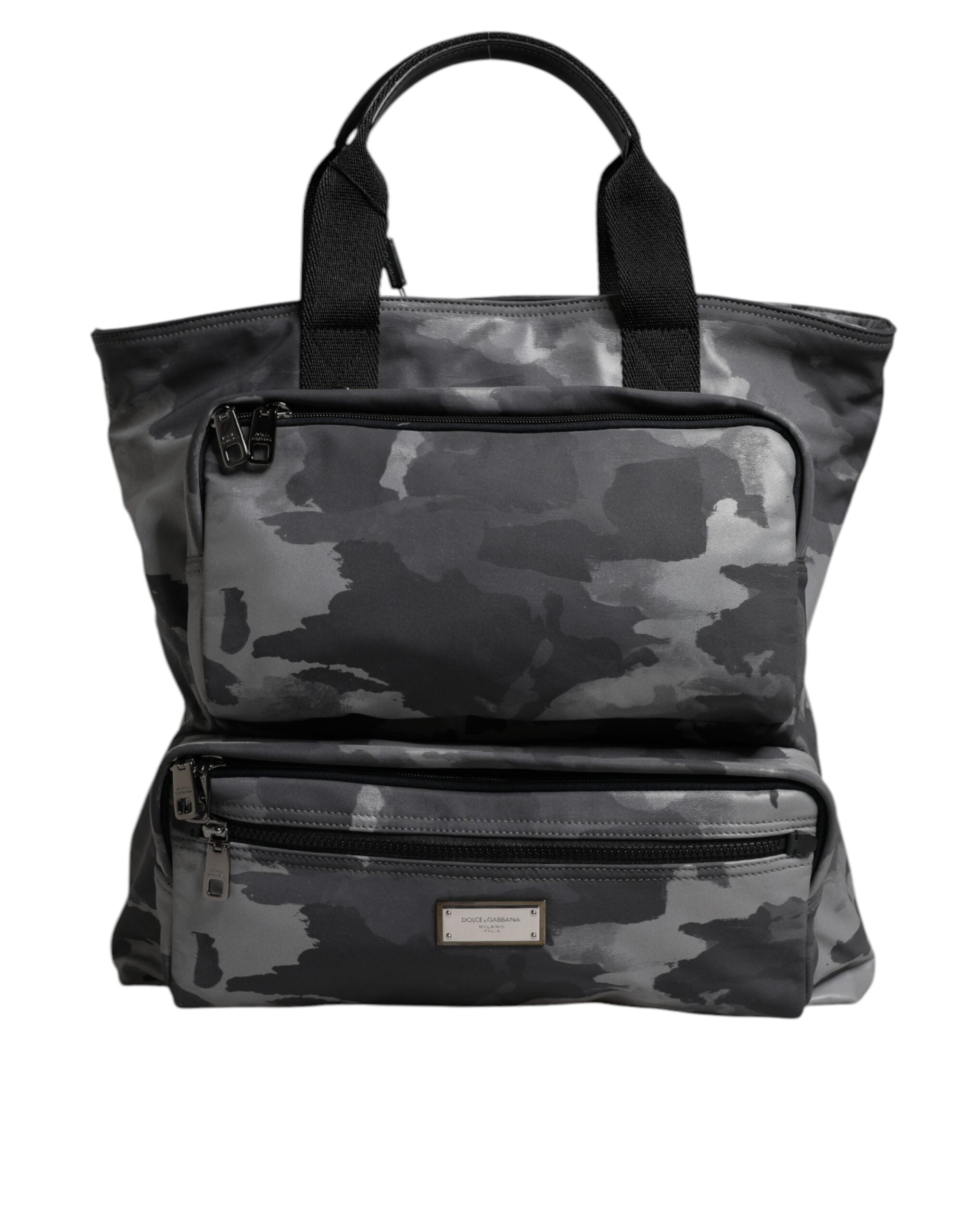 Gray Camo Cotton Multiple Compartments Tote Bag - ventzia