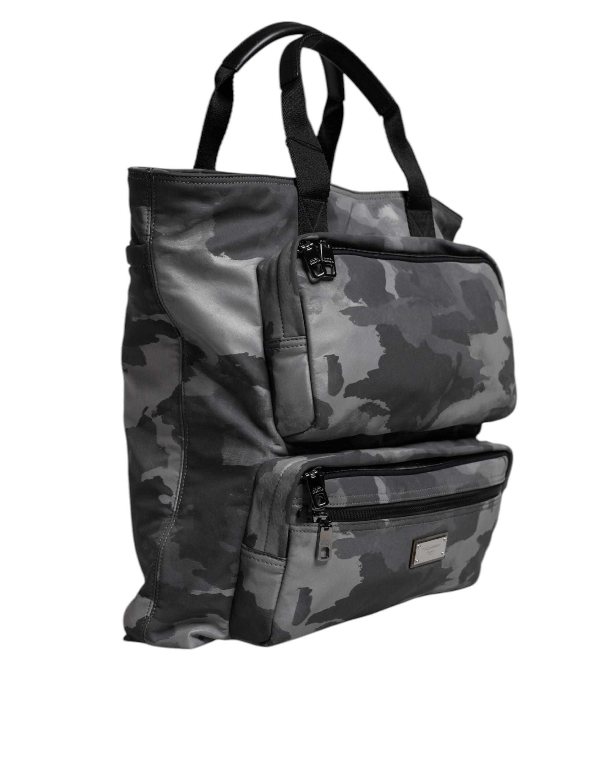 Gray Camo Cotton Multiple Compartments Tote Bag - ventzia
