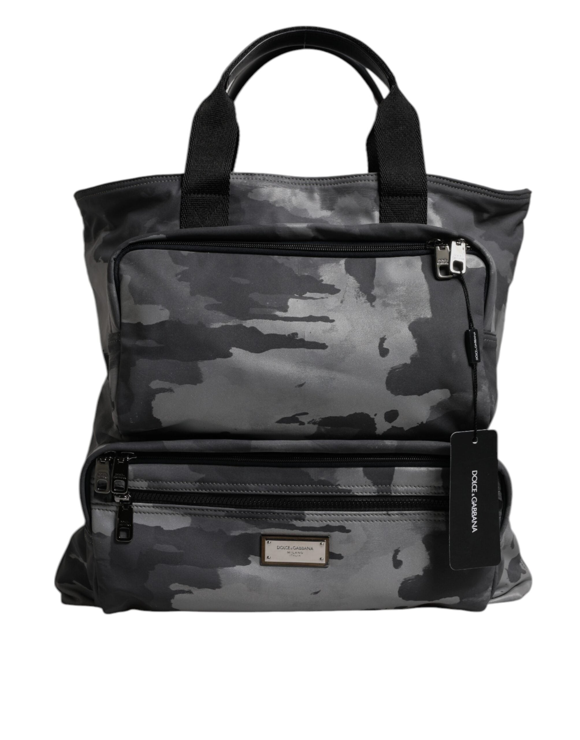 Gray Camo Cotton Multiple Compartments Tote Bag - ventzia