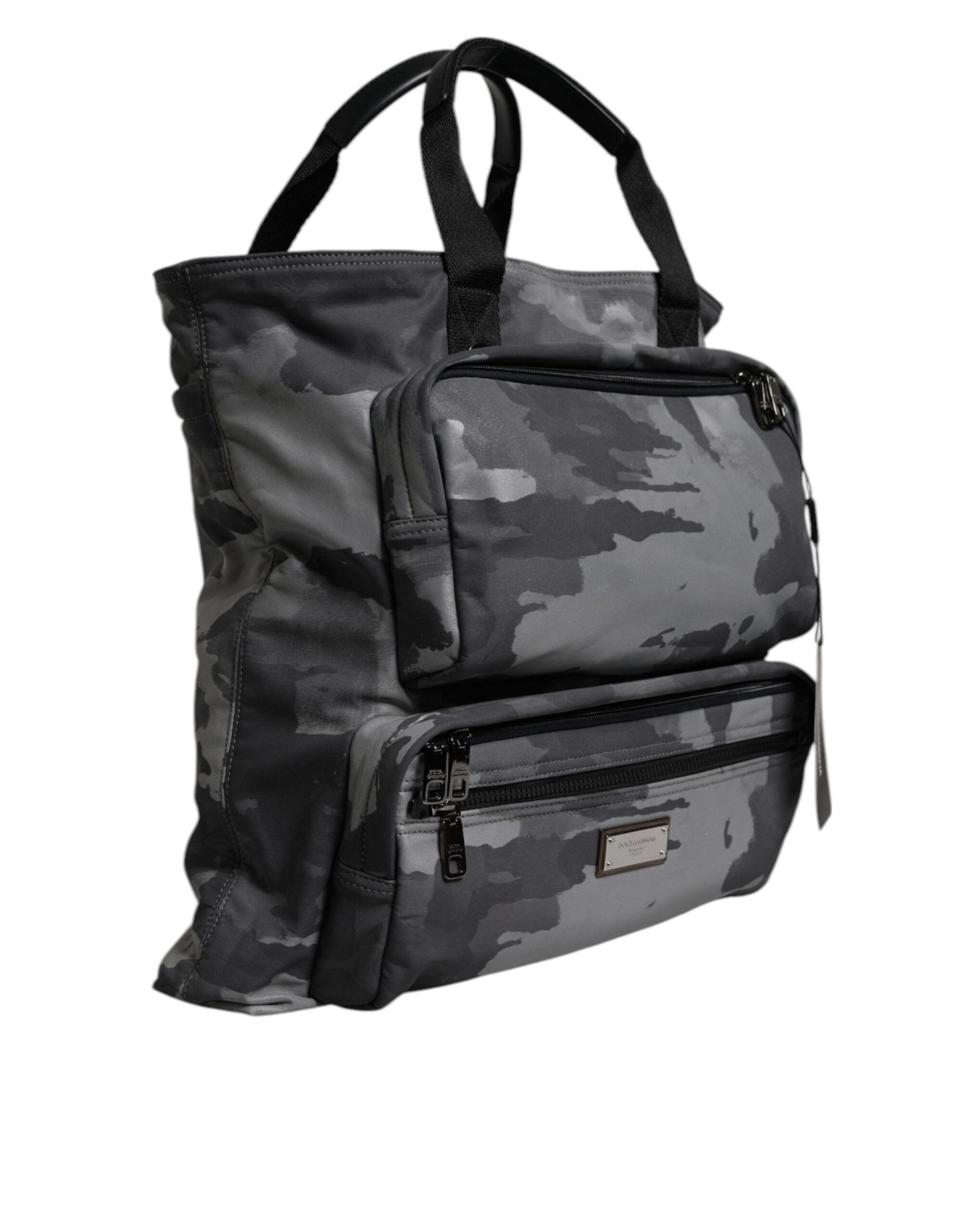 Gray Camo Cotton Multiple Compartments Tote Bag - ventzia
