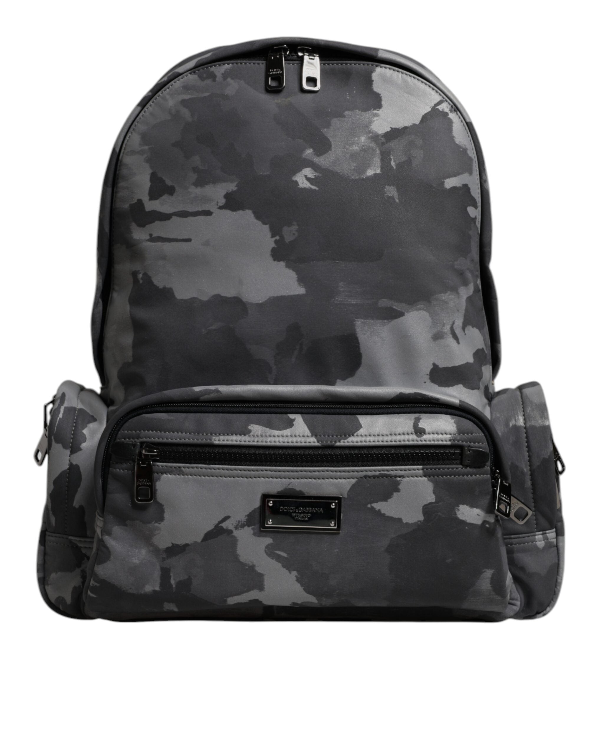 Gray Cotton Camouflage Logo Plaque Backpack Bag - ventzia