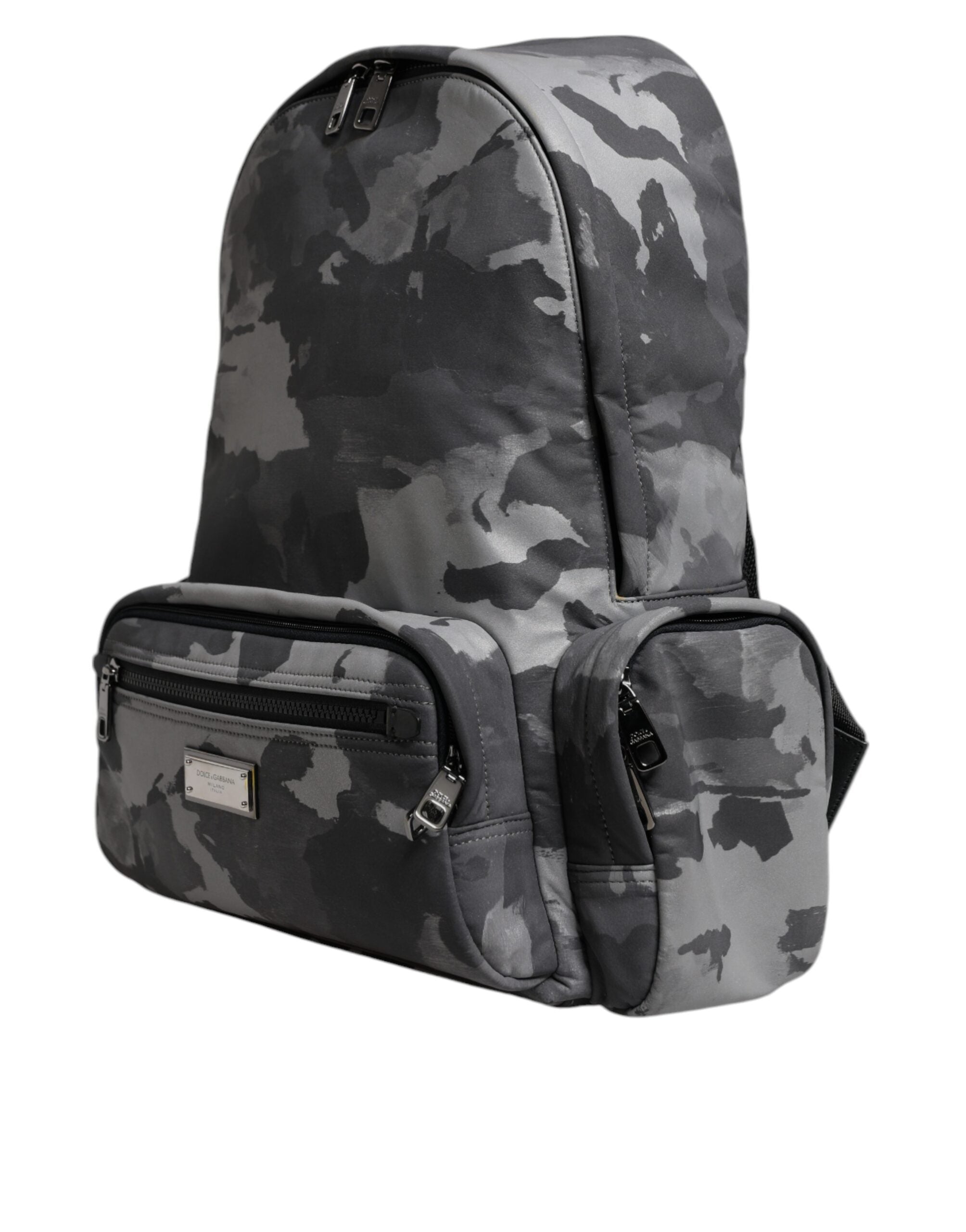 Gray Cotton Camouflage Logo Plaque Backpack Bag - ventzia