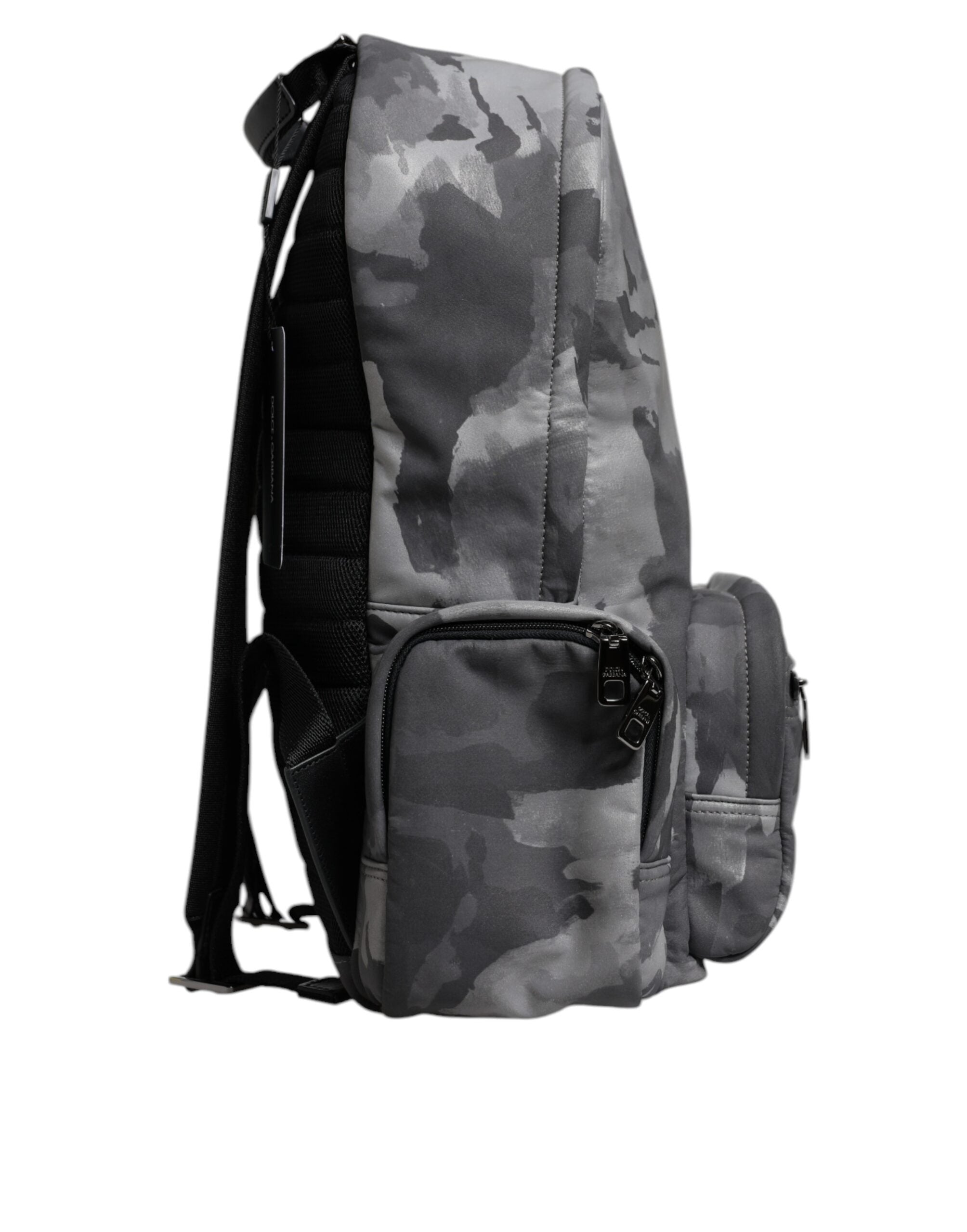 Gray Cotton Camouflage Logo Plaque Backpack Bag - ventzia