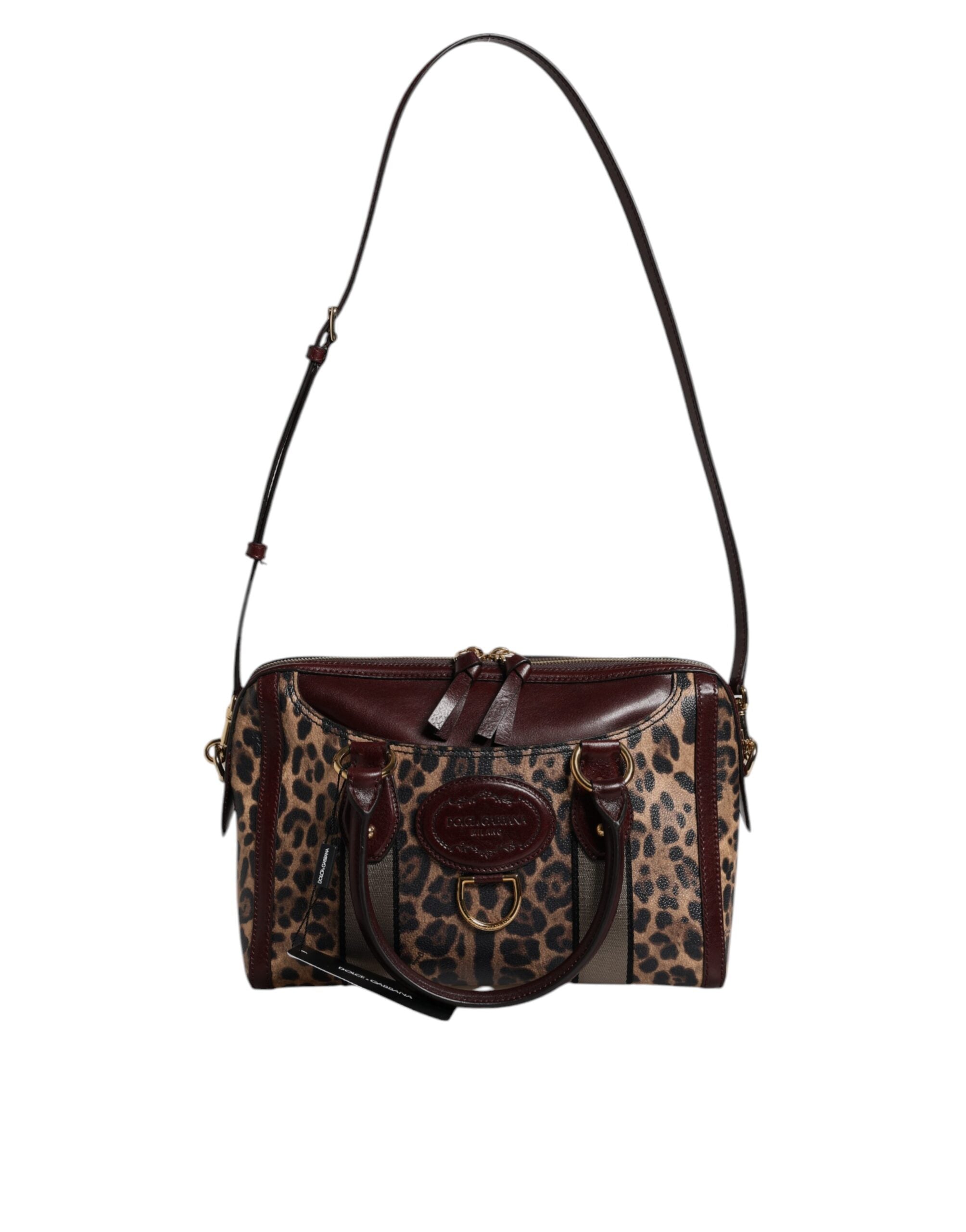 Brown Leopard Leather Shoulder Strap Duffle Bag - ventzia