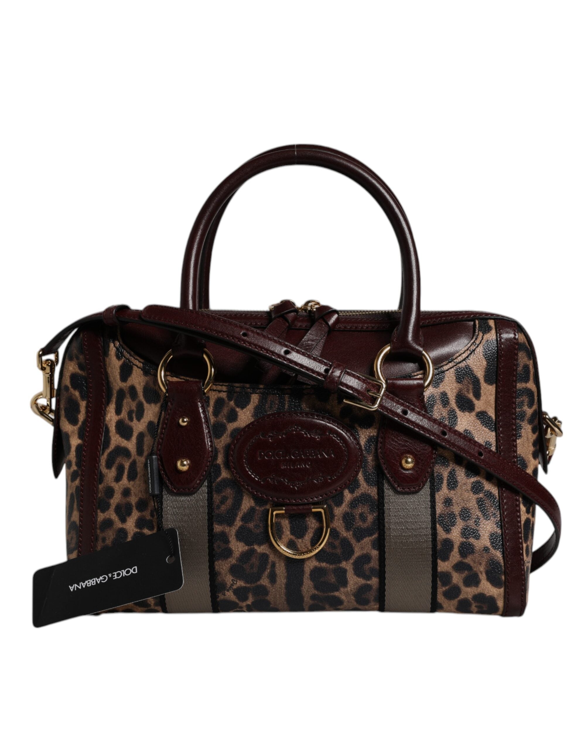 Brown Leopard Leather Shoulder Strap Duffle Bag - ventzia