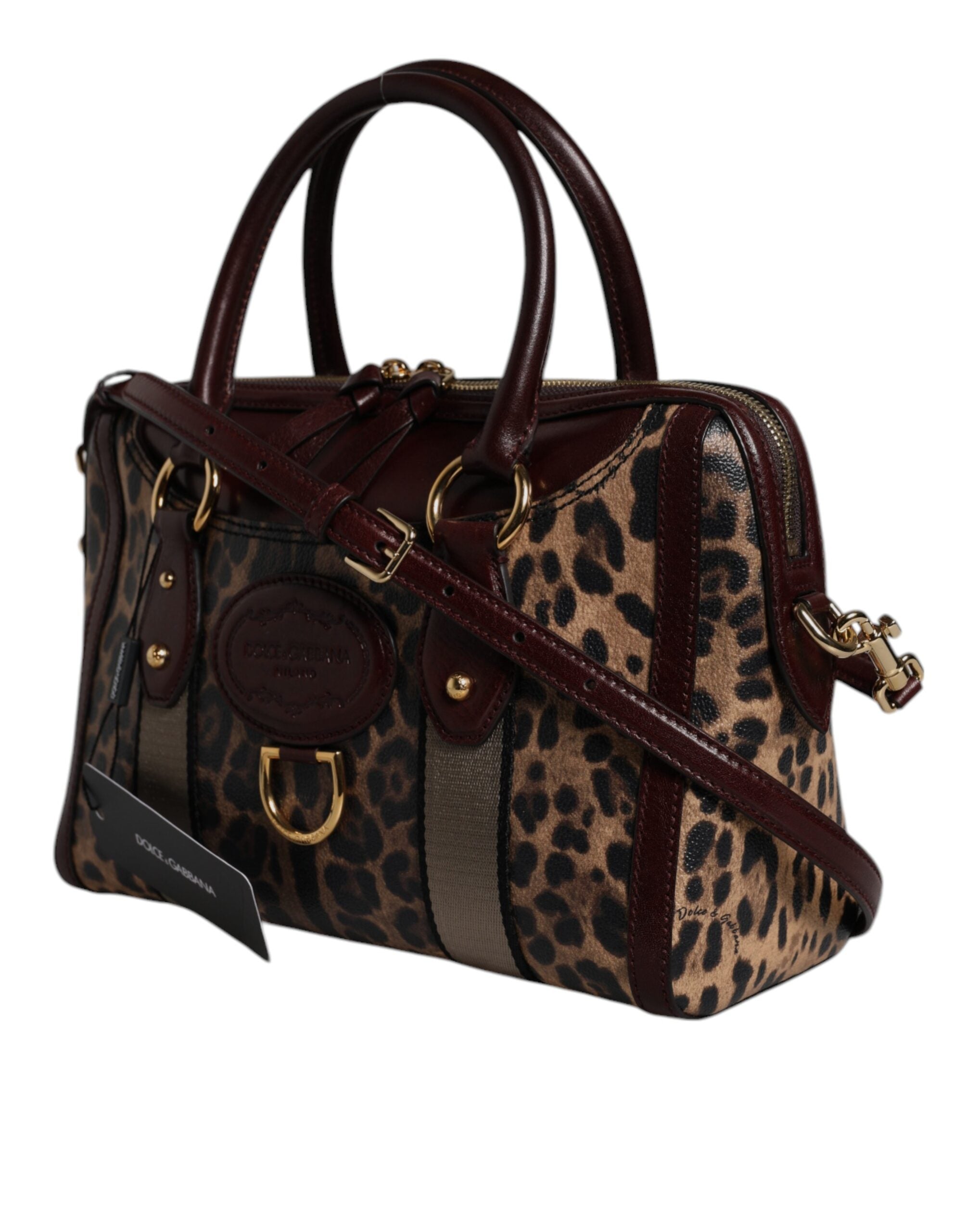 Brown Leopard Leather Shoulder Strap Duffle Bag - ventzia