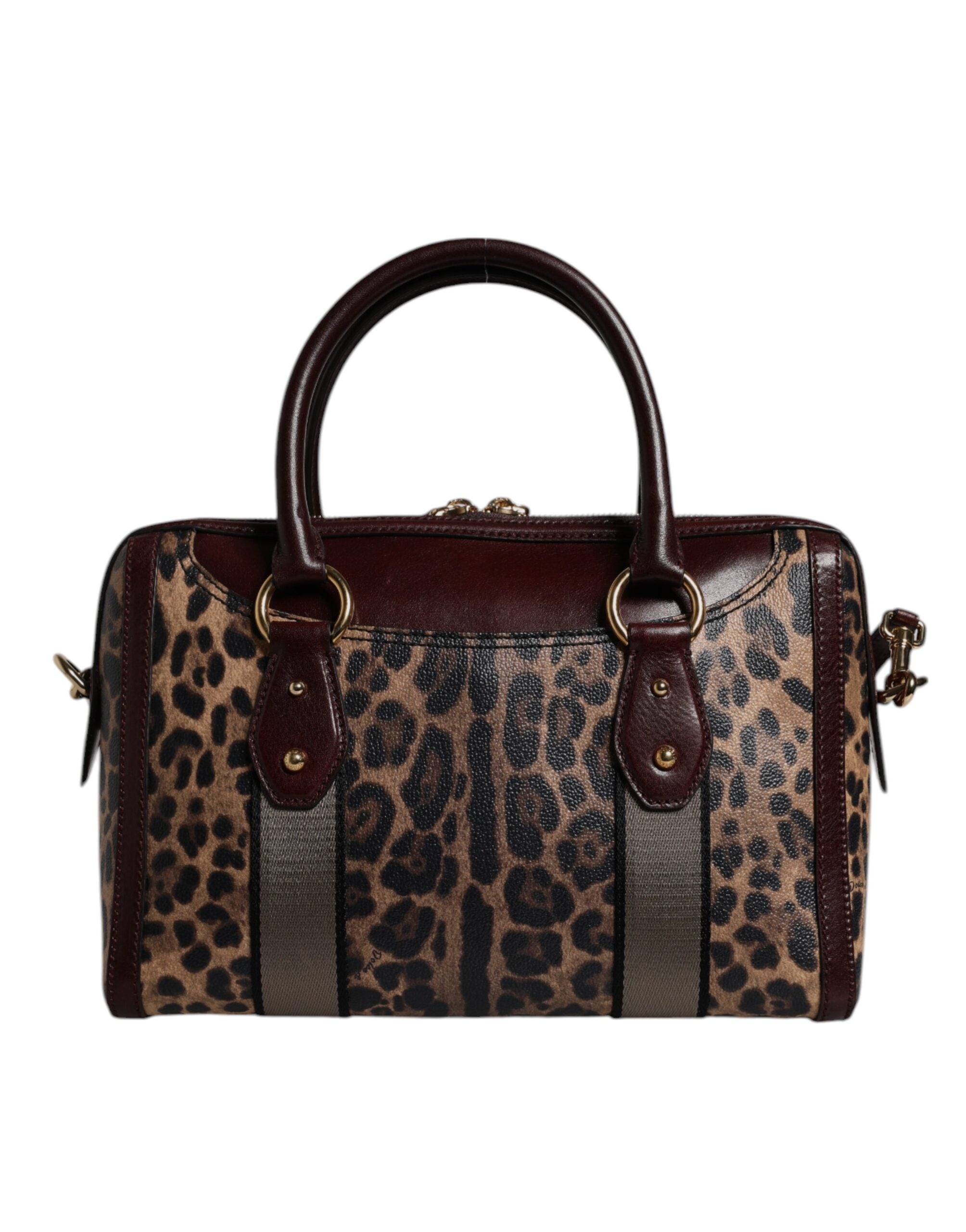 Brown Leopard Leather Shoulder Strap Duffle Bag - ventzia