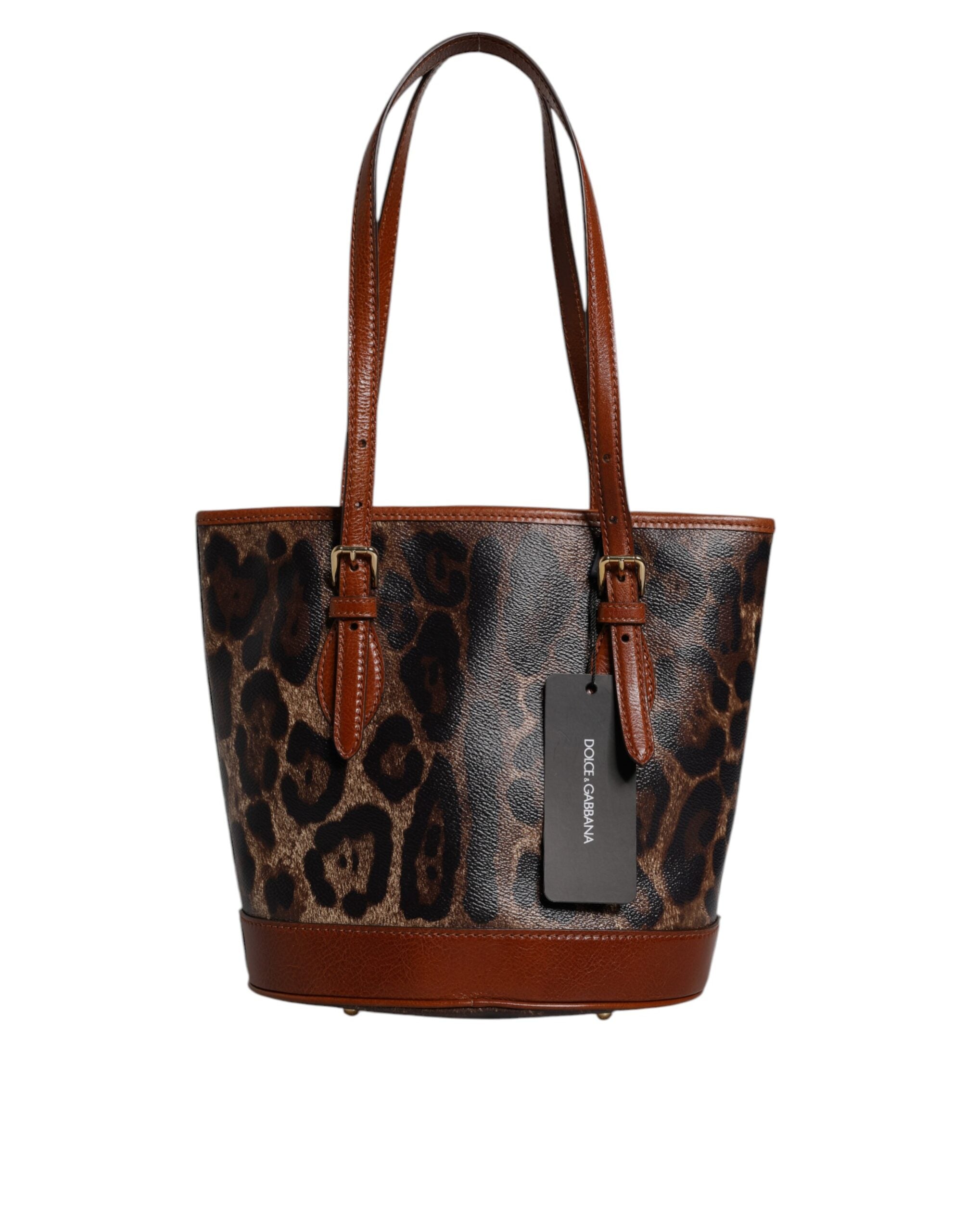 Brown Leopard Leather Shoulder Strap Tote Bag - ventzia