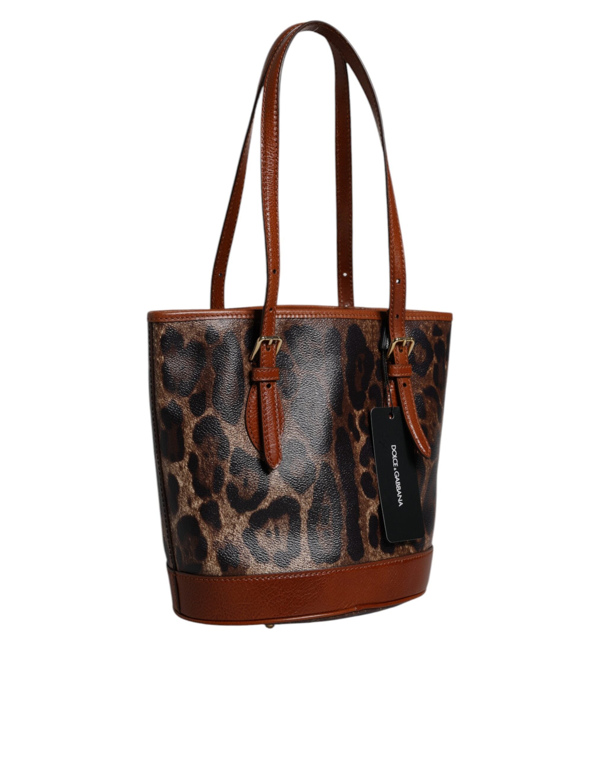 Brown Leopard Leather Shoulder Strap Tote Bag - ventzia