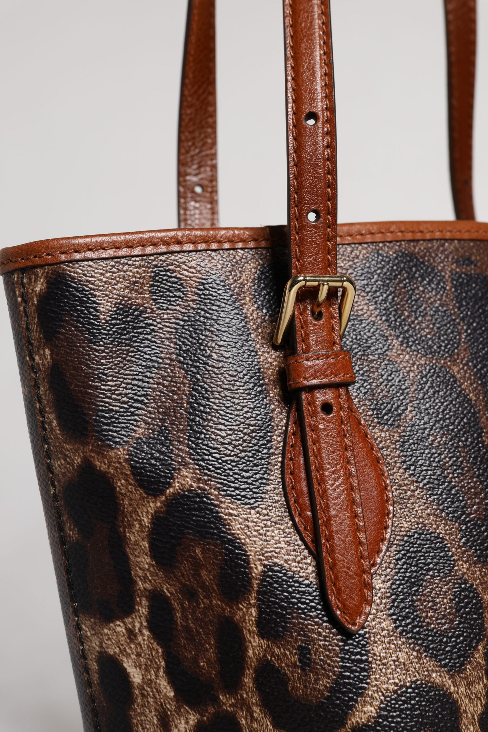 Brown Leopard Leather Shoulder Strap Tote Bag - ventzia