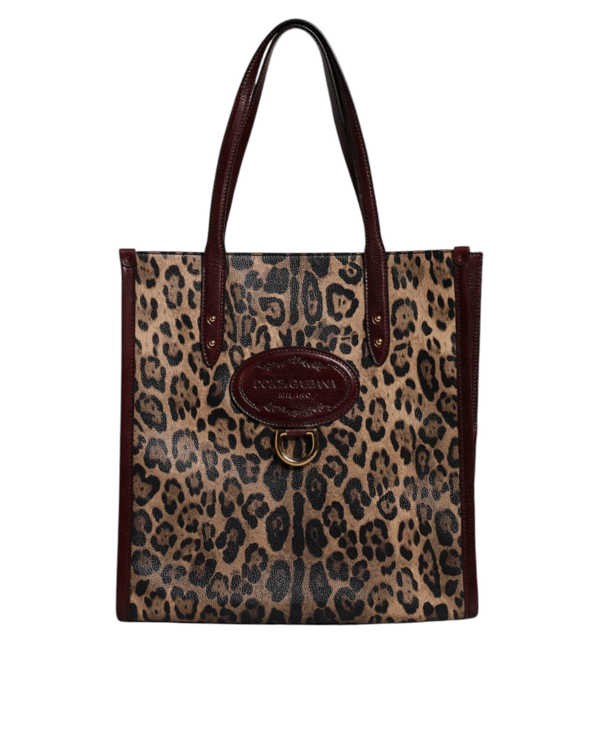 Brown Leopard Leather Shoulder Strap Tote Bag - ventzia