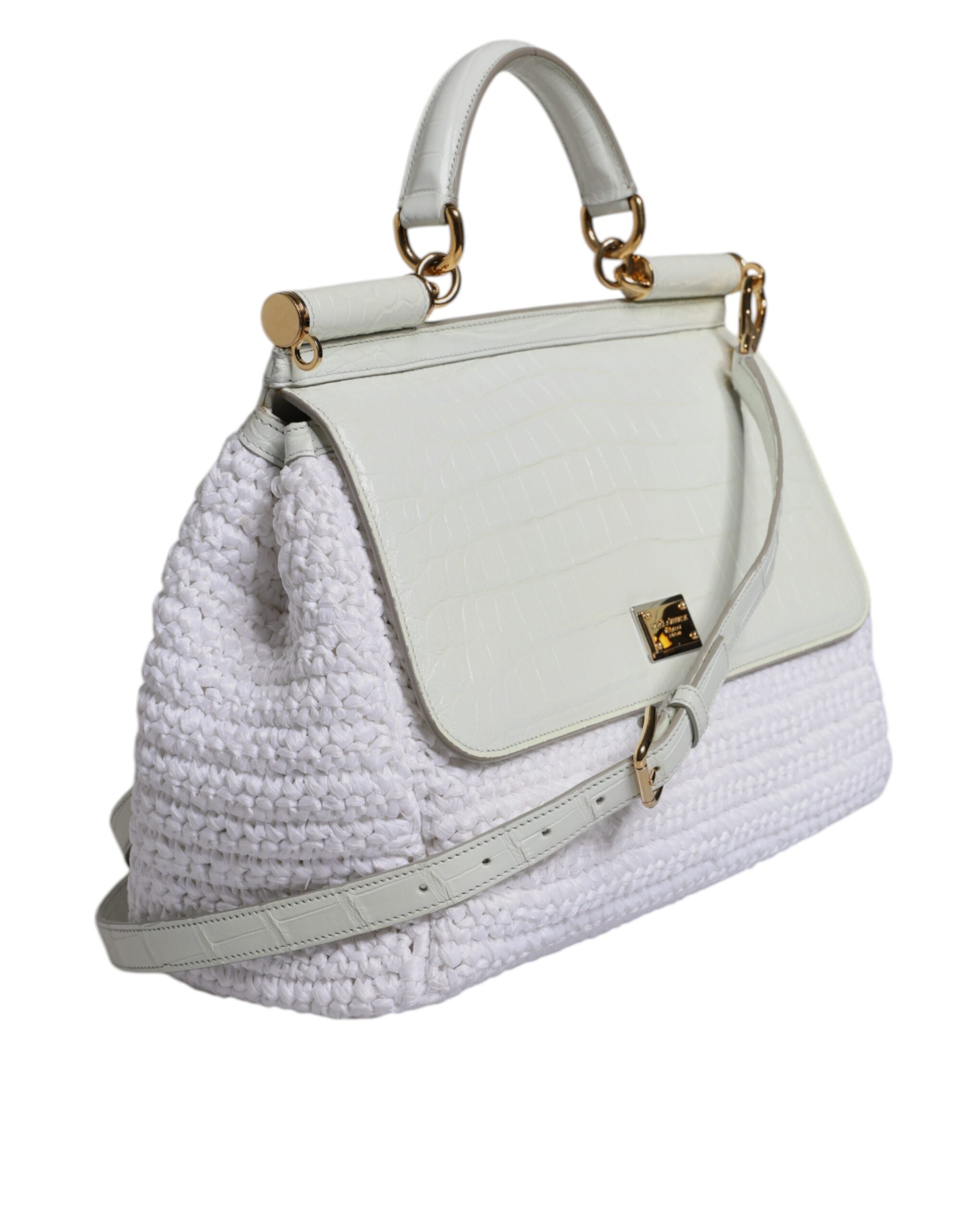 White Rafia Leather Top Handle Crossbody Bag - ventzia