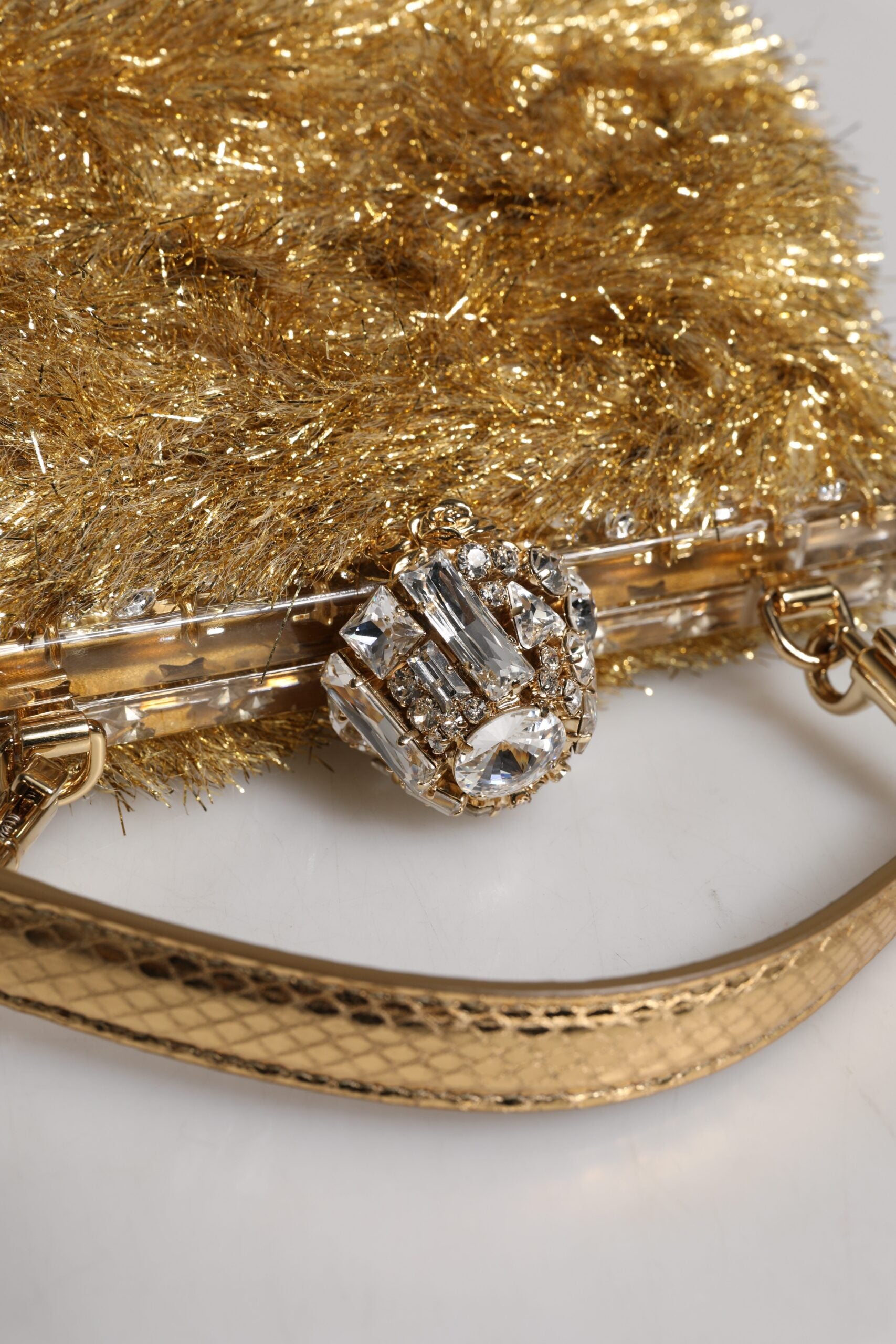 Gold Vanda Chain Strap Tinsel Crystal Evening Clutch Bag - ventzia