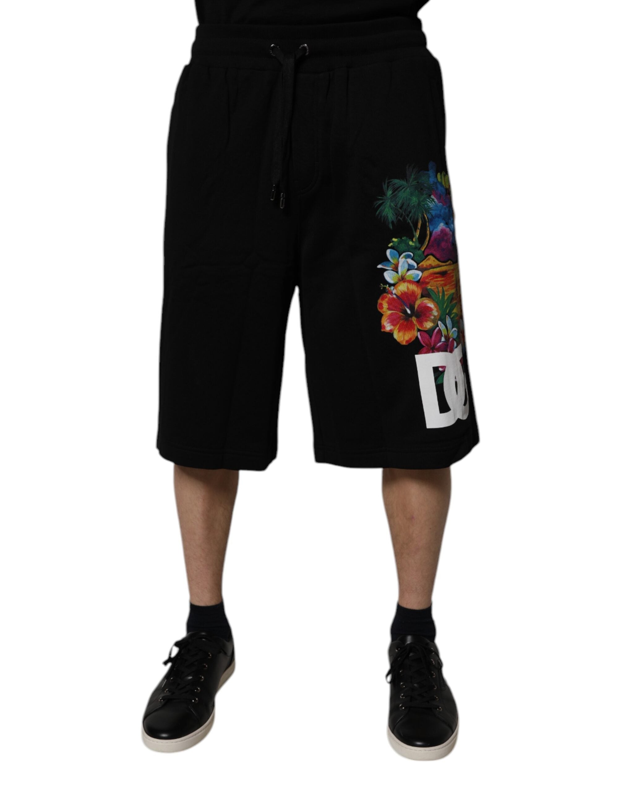 Black Cotton Logo Floral Print Bermuda Shorts - ventzia