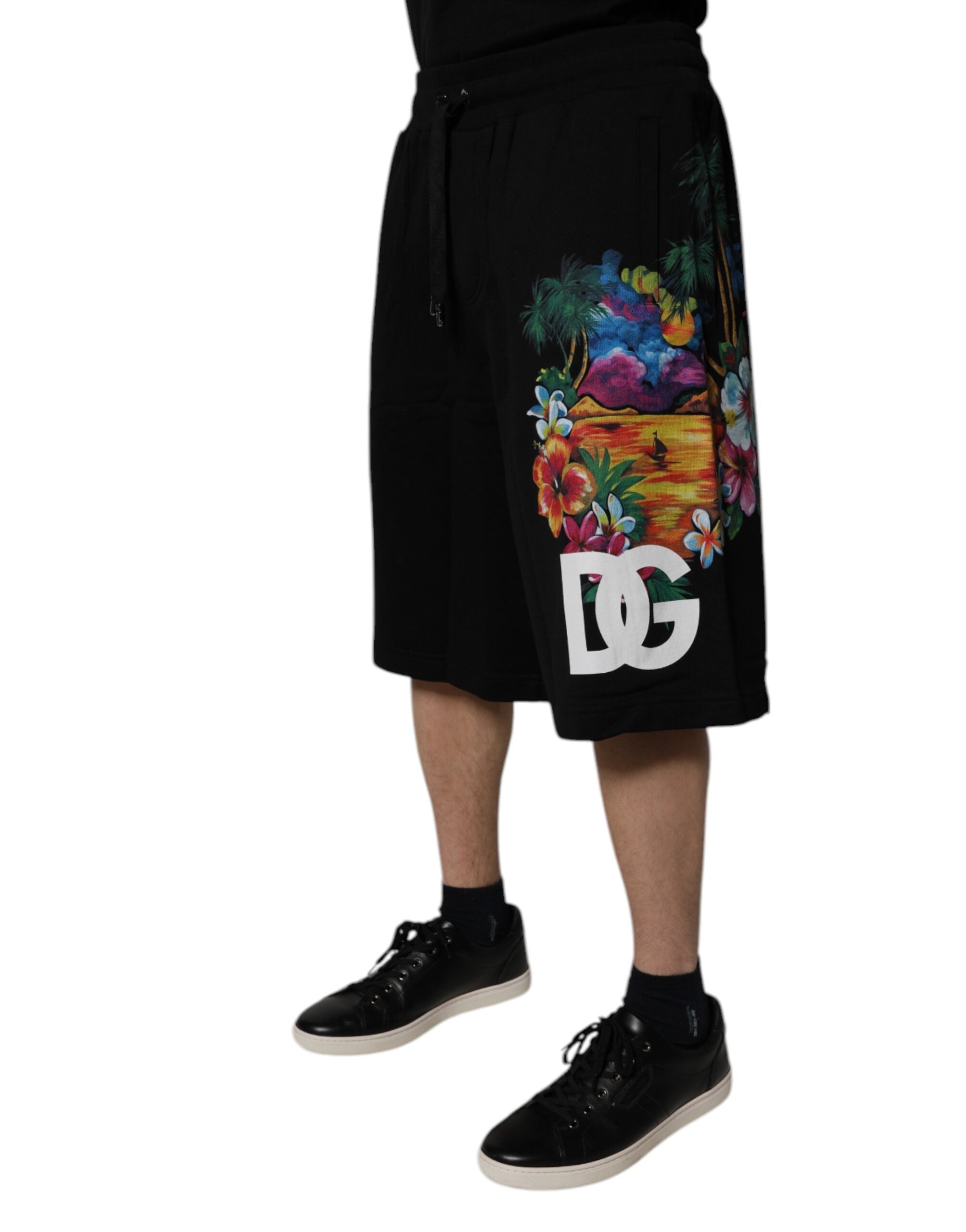 Black Cotton Logo Floral Print Bermuda Shorts - ventzia