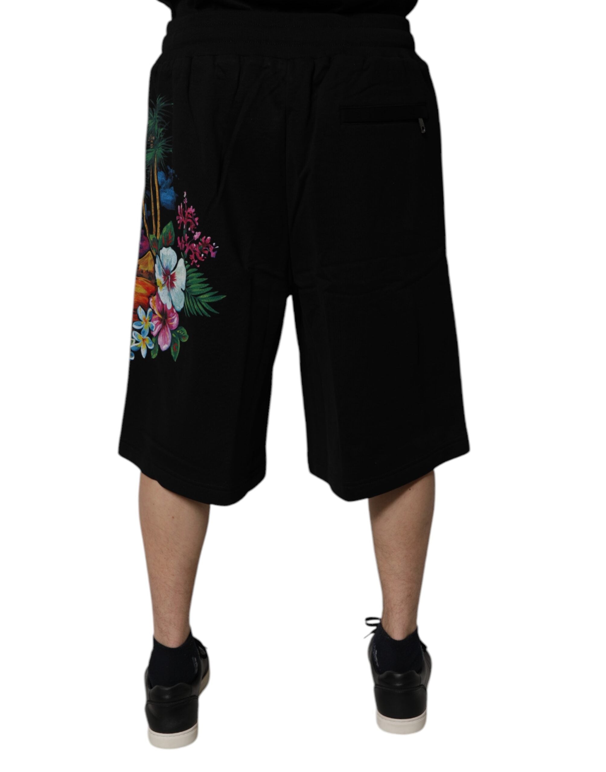 Black Cotton Logo Floral Print Bermuda Shorts - ventzia