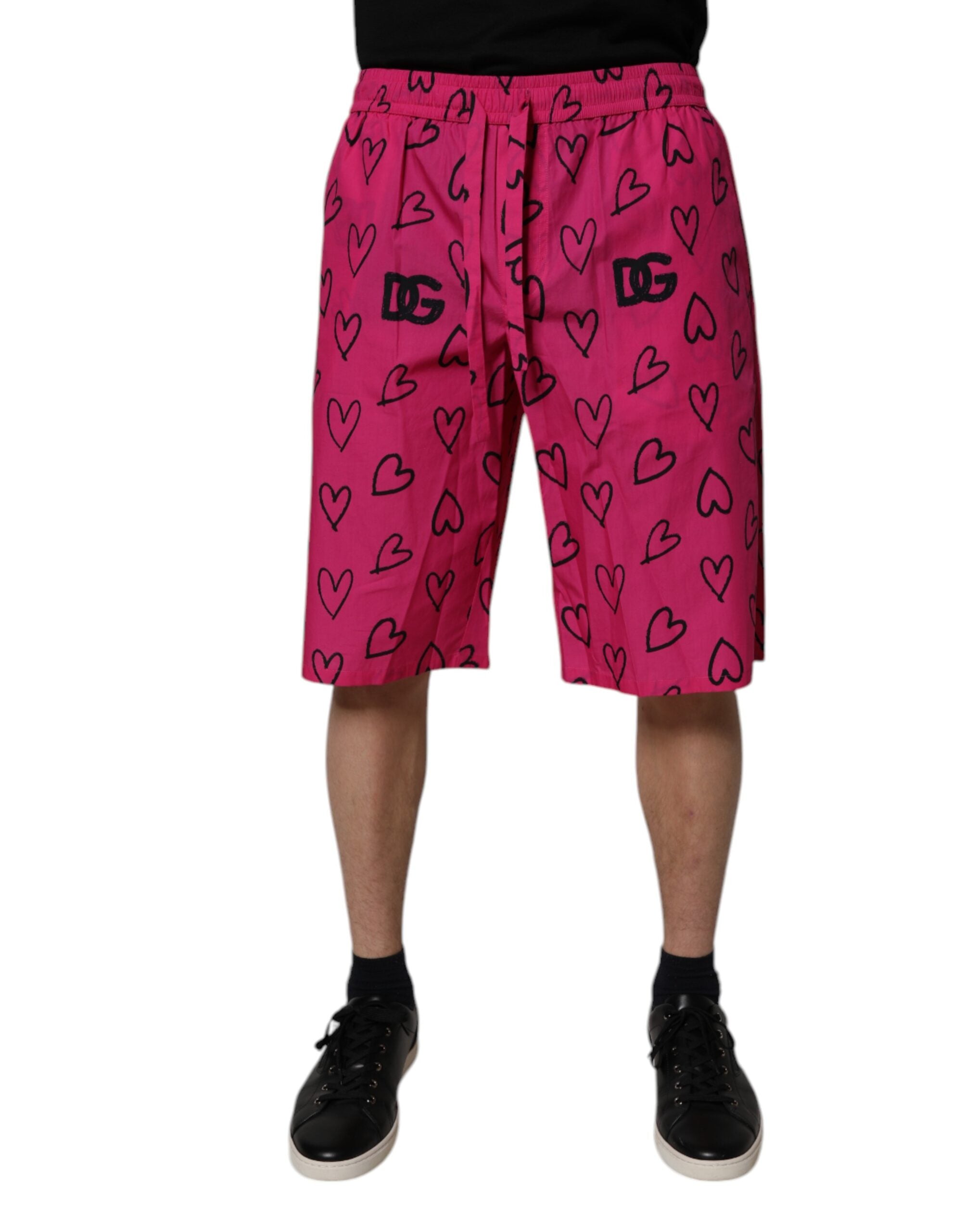 Pink Cotton Heart Print Bermuda Shorts - ventzia