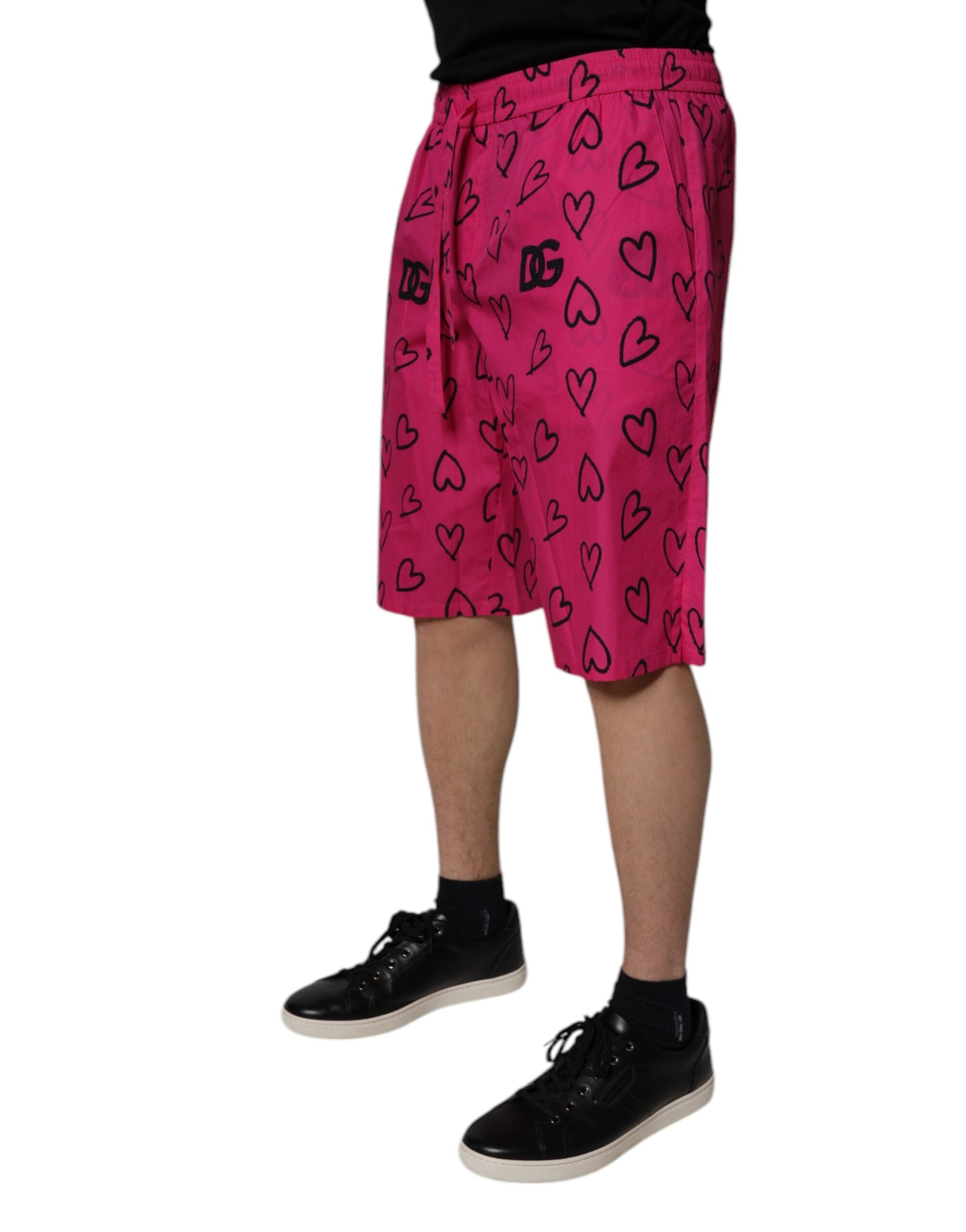Pink Cotton Heart Print Bermuda Shorts - ventzia