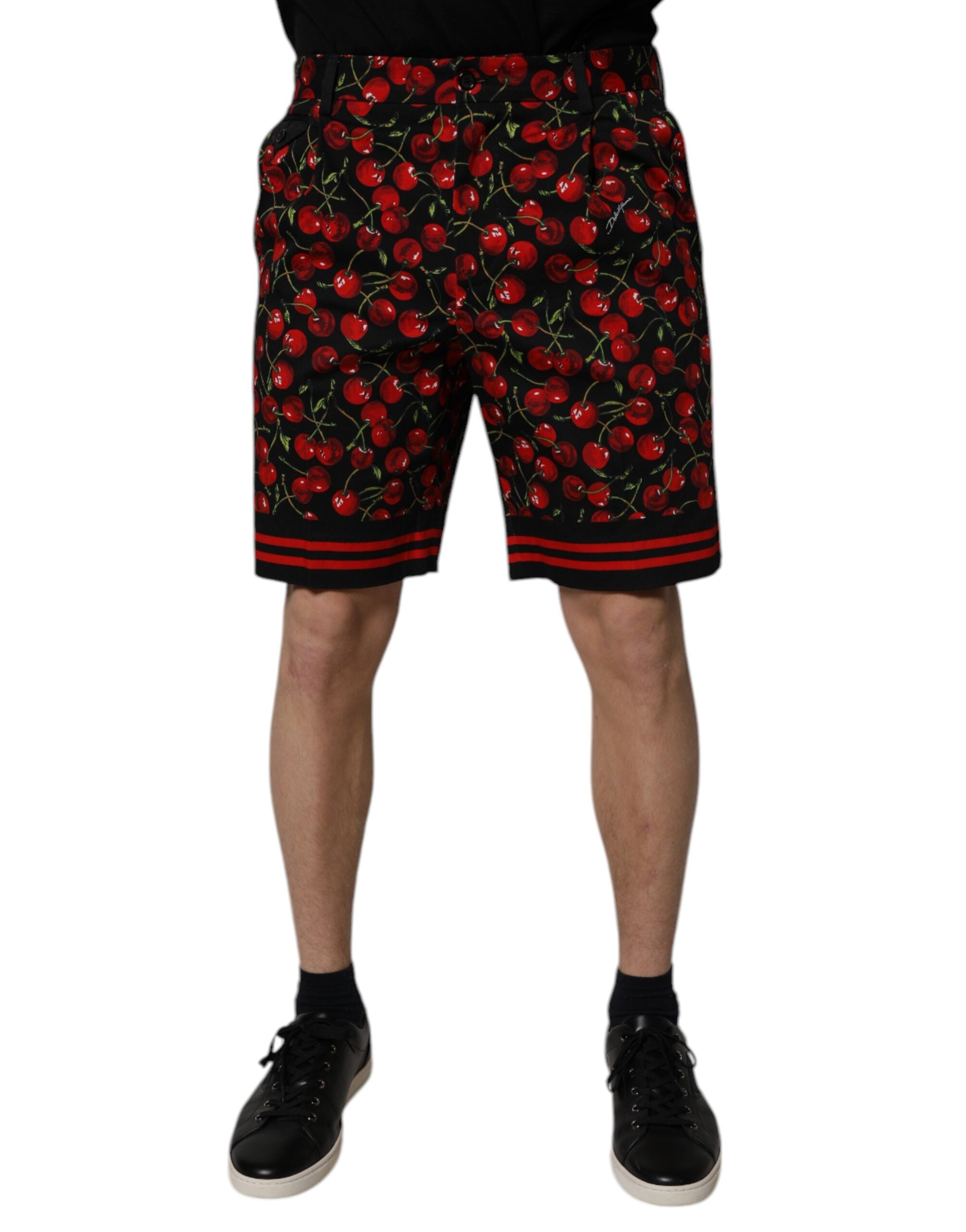 Black Red Cherry Print Bermuda Cotton Shorts - ventzia