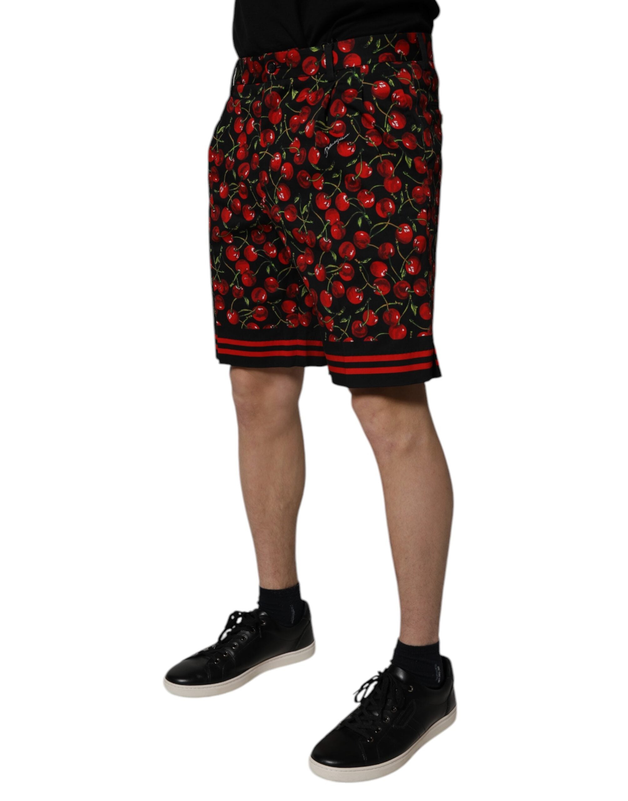 Black Red Cherry Print Bermuda Cotton Shorts - ventzia