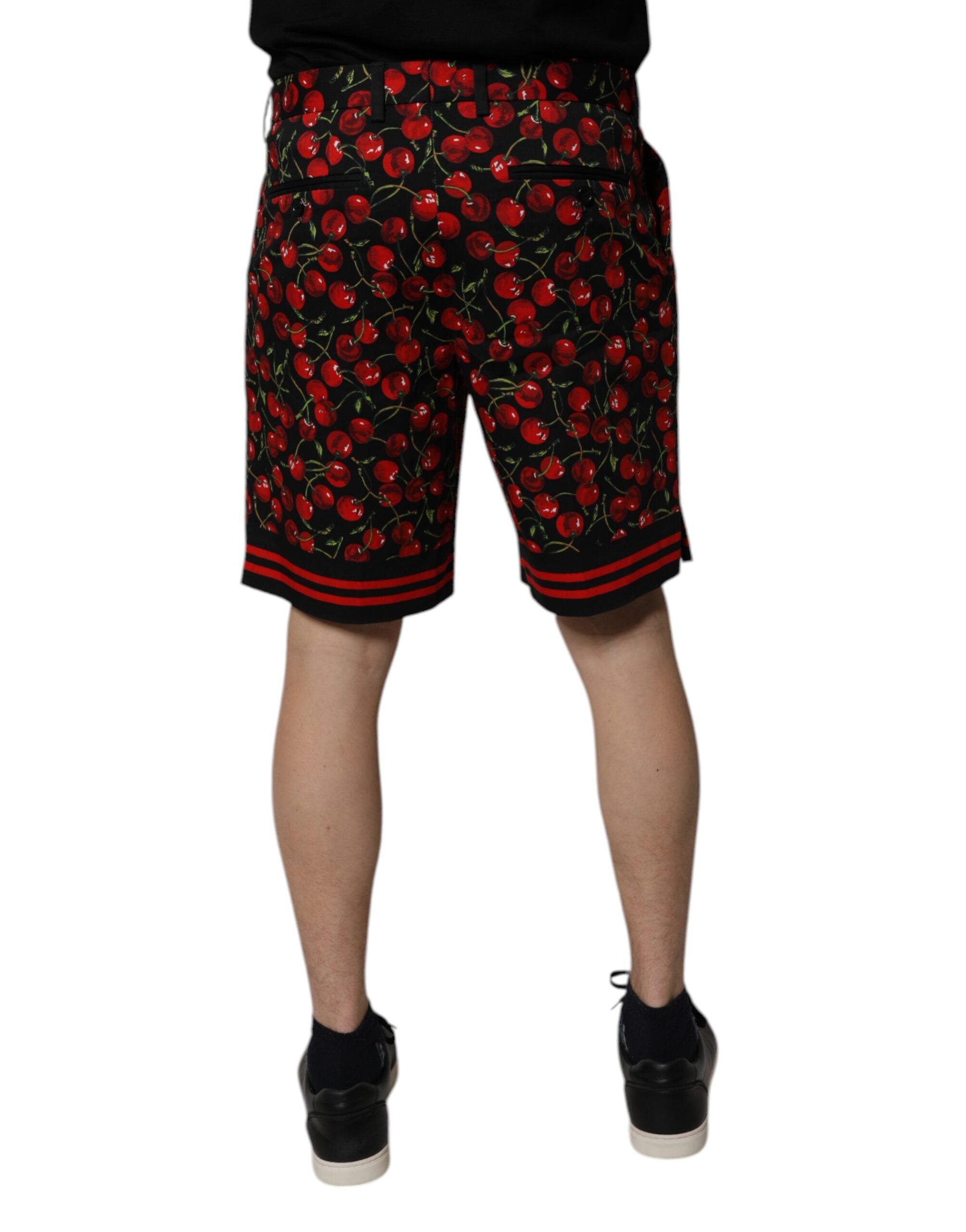 Black Red Cherry Print Bermuda Cotton Shorts - ventzia