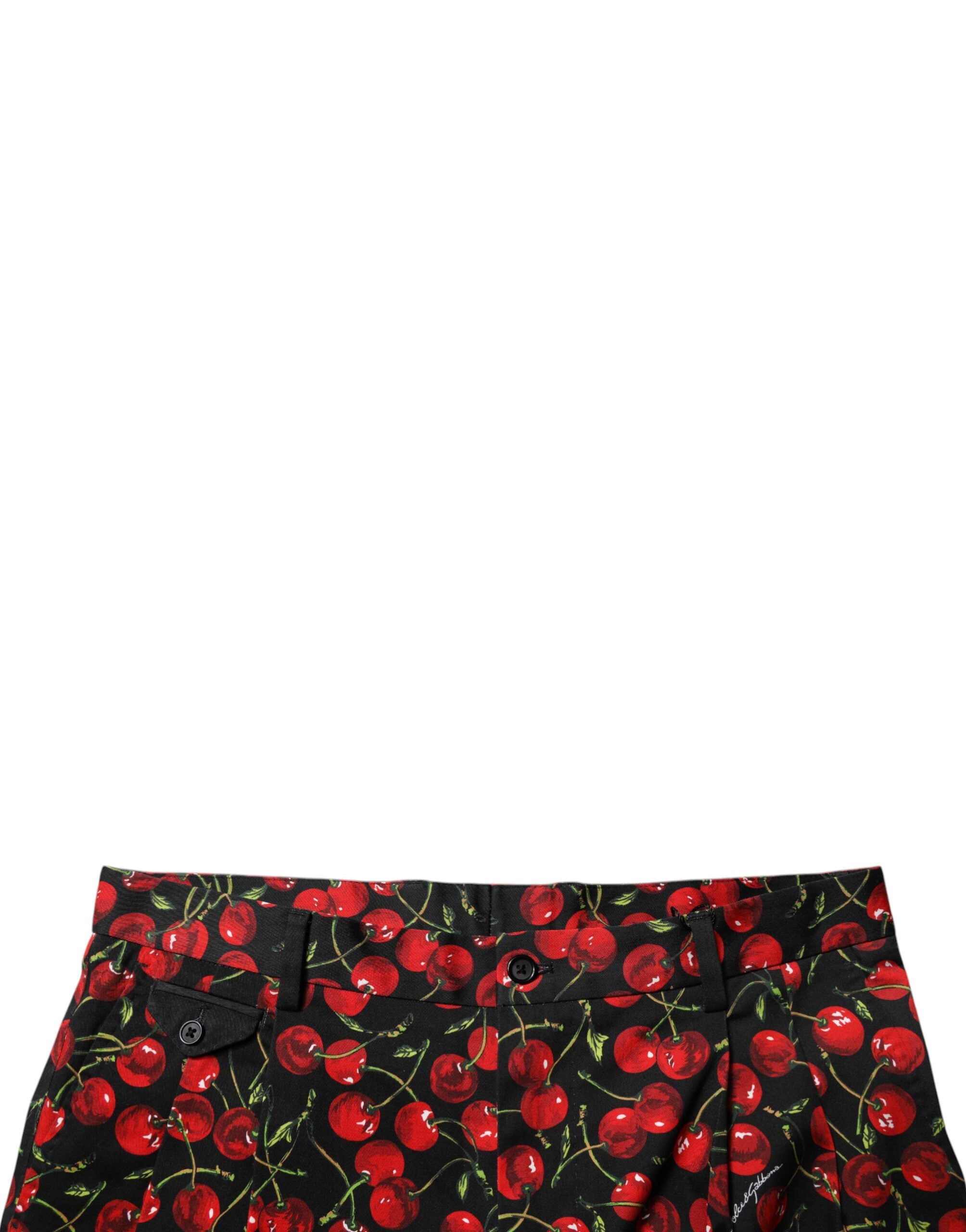 Black Red Cherry Print Bermuda Cotton Shorts - ventzia