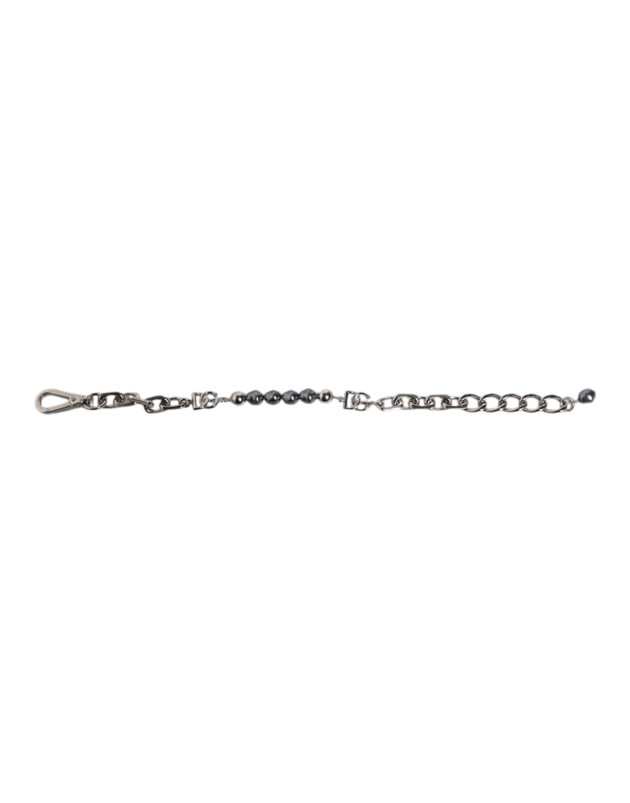 Silver Tone Chain Lobster Clasp Logo Gray Pearls Bracelet - ventzia