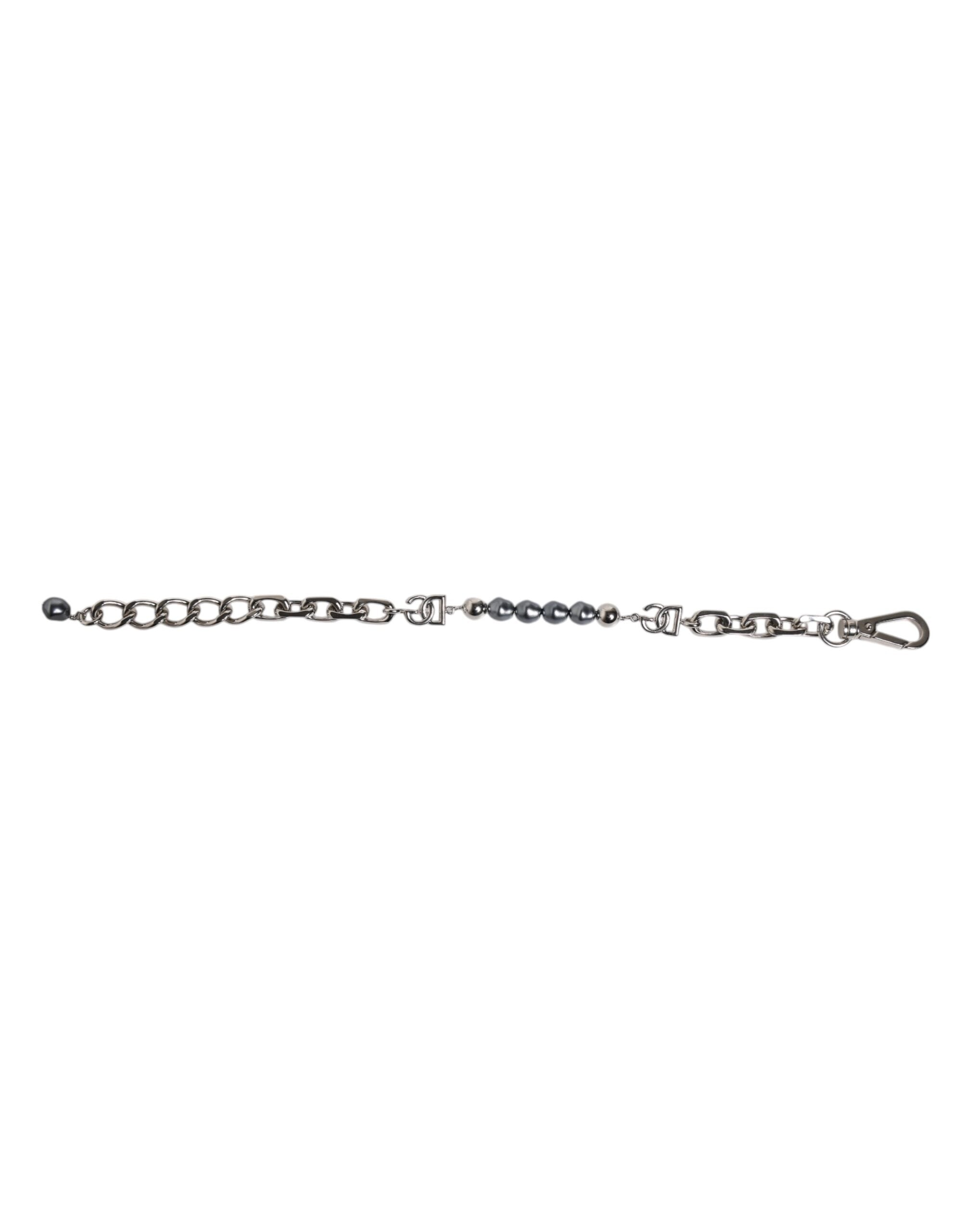 Silver Tone Chain Lobster Clasp Logo Gray Pearls Bracelet - ventzia