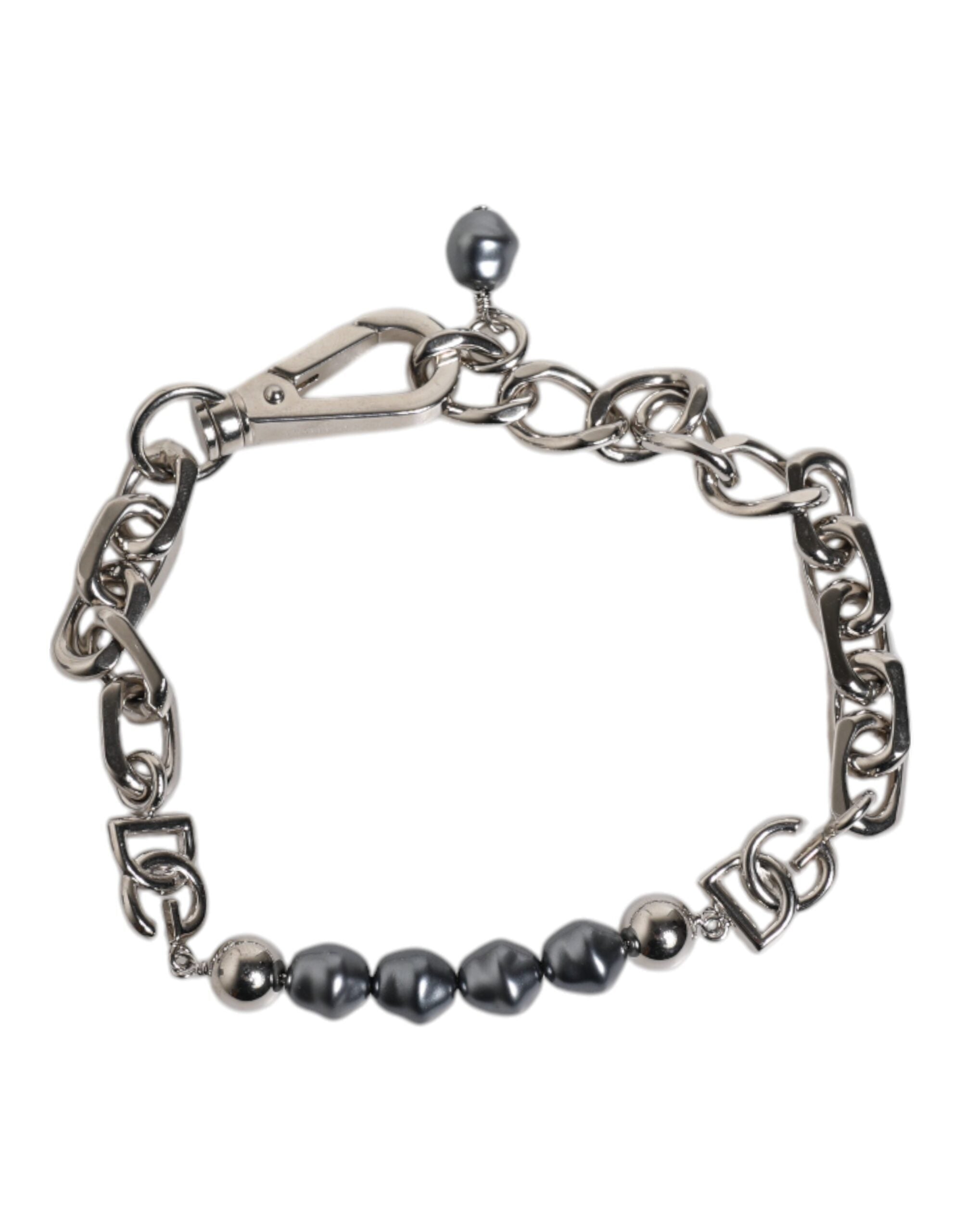 Silver Tone Chain Lobster Clasp Logo Gray Pearls Bracelet - ventzia