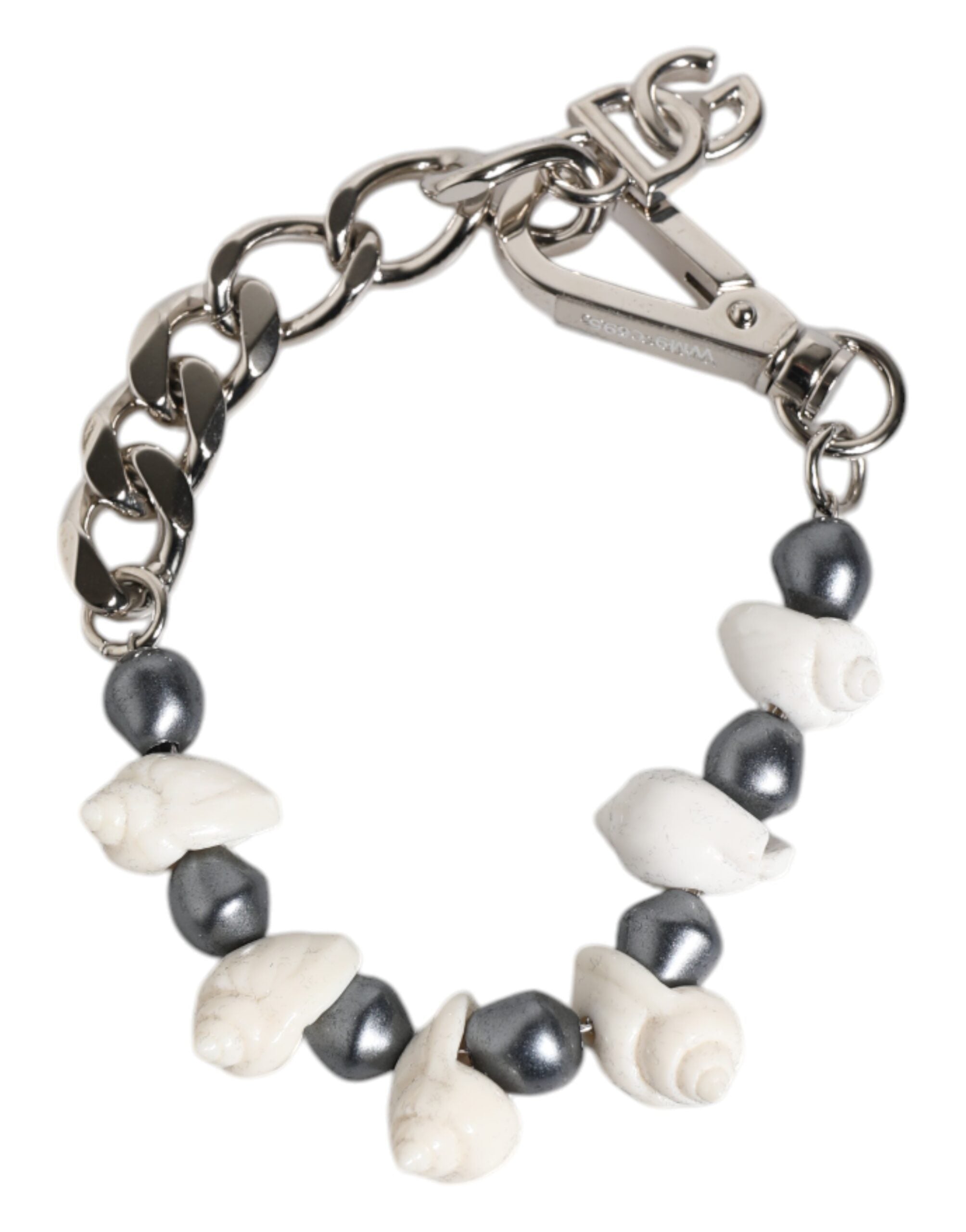 Silver Tone Brass Beaded Shell DG Logo Pendant Bracelet - ventzia