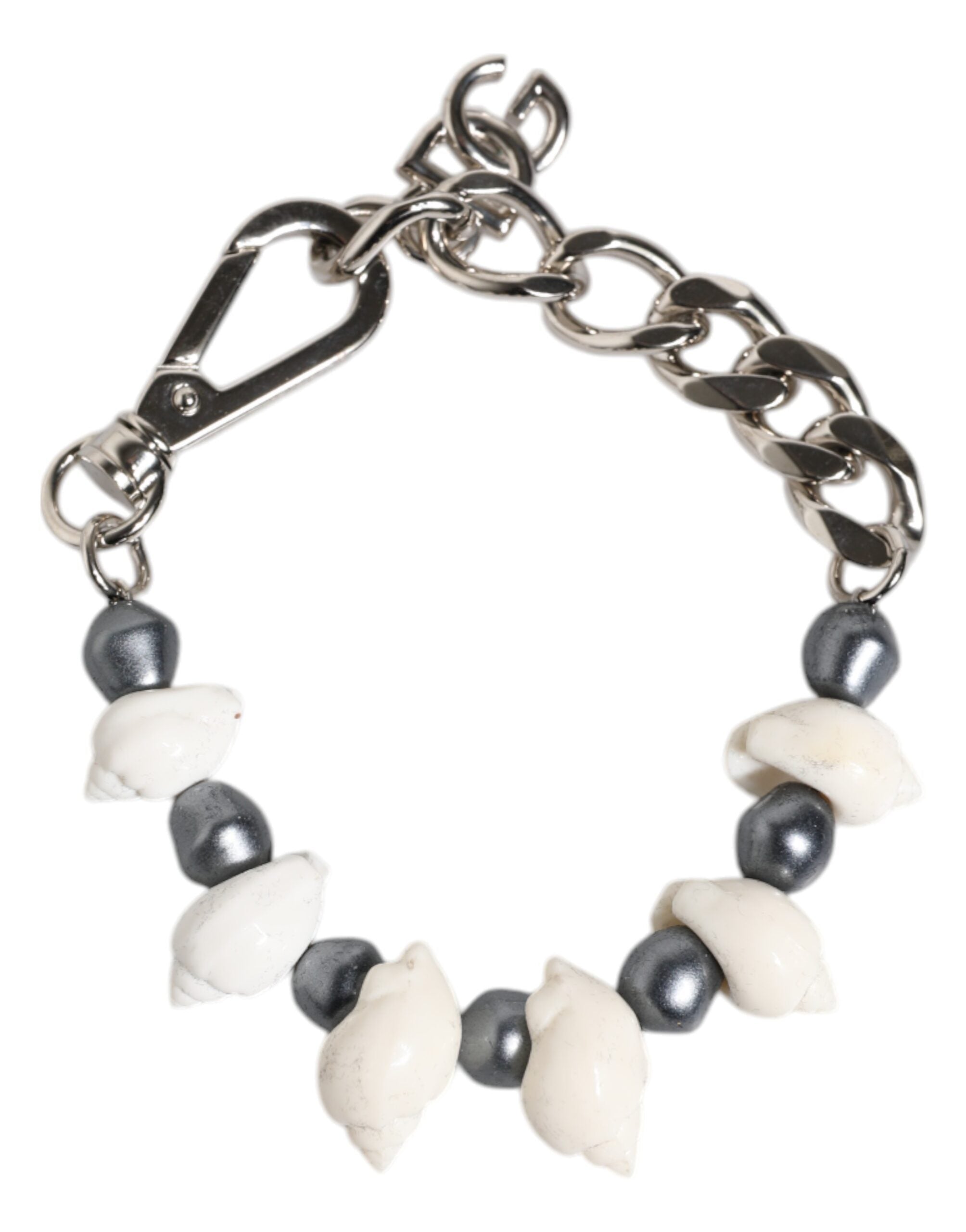 Silver Tone Brass Beaded Shell DG Logo Pendant Bracelet - ventzia