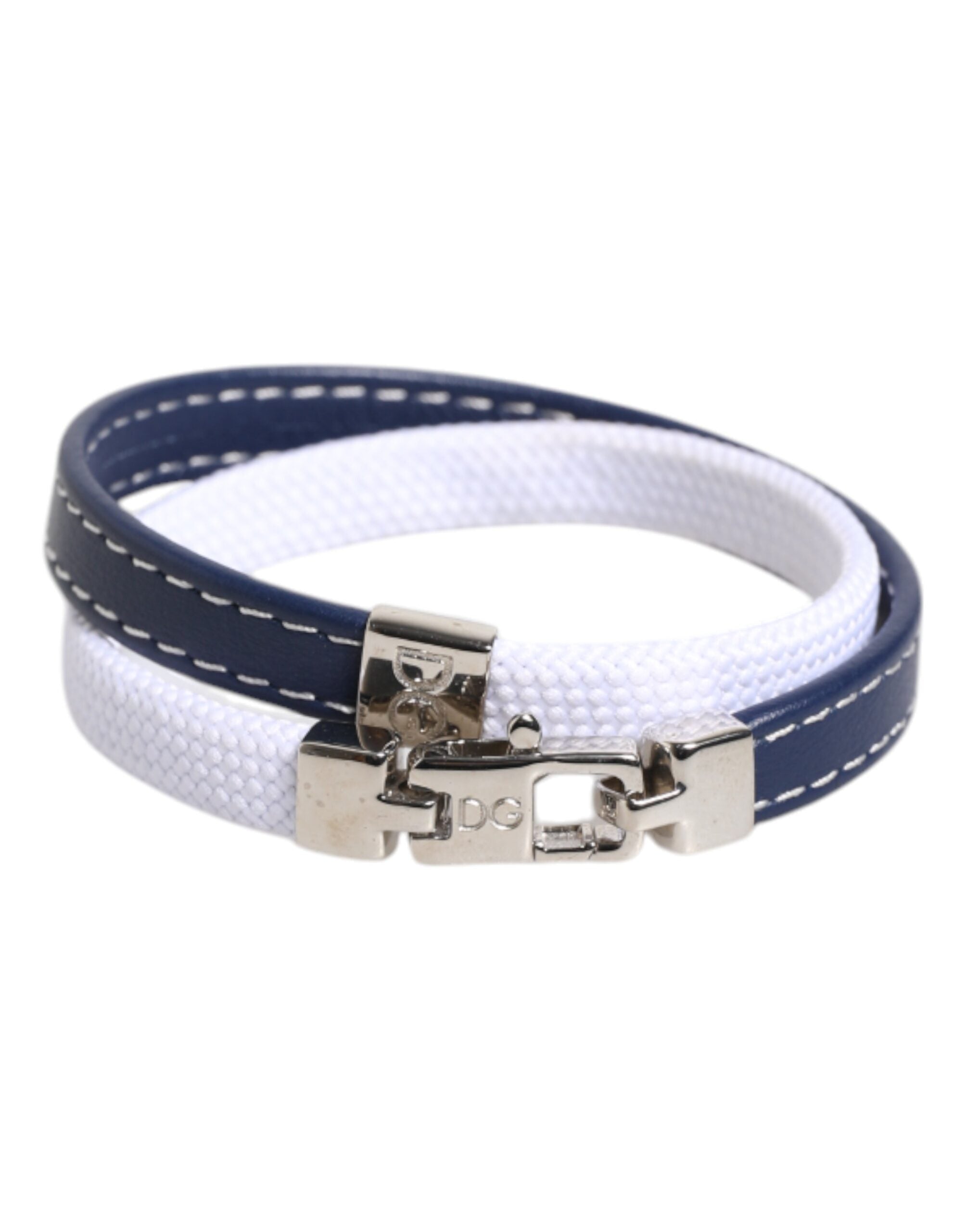 Blue White Leather Trimmed DG Engraved Silver Tone Clasp Bracelet - ventzia