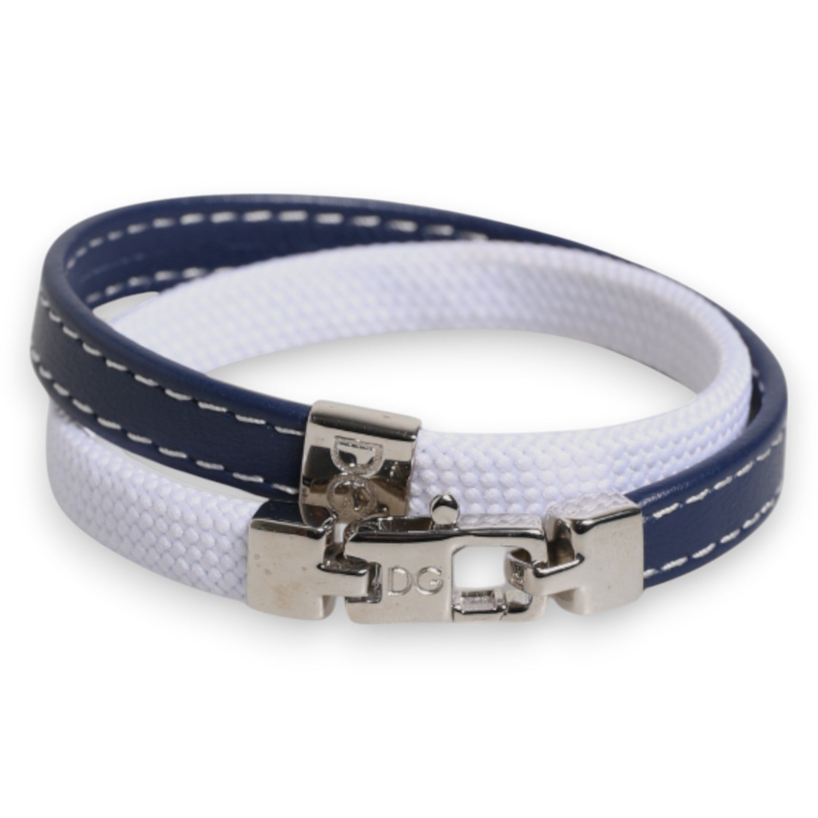 Blue White Leather Trimmed DG Engraved Silver Tone Clasp Bracelet - ventzia