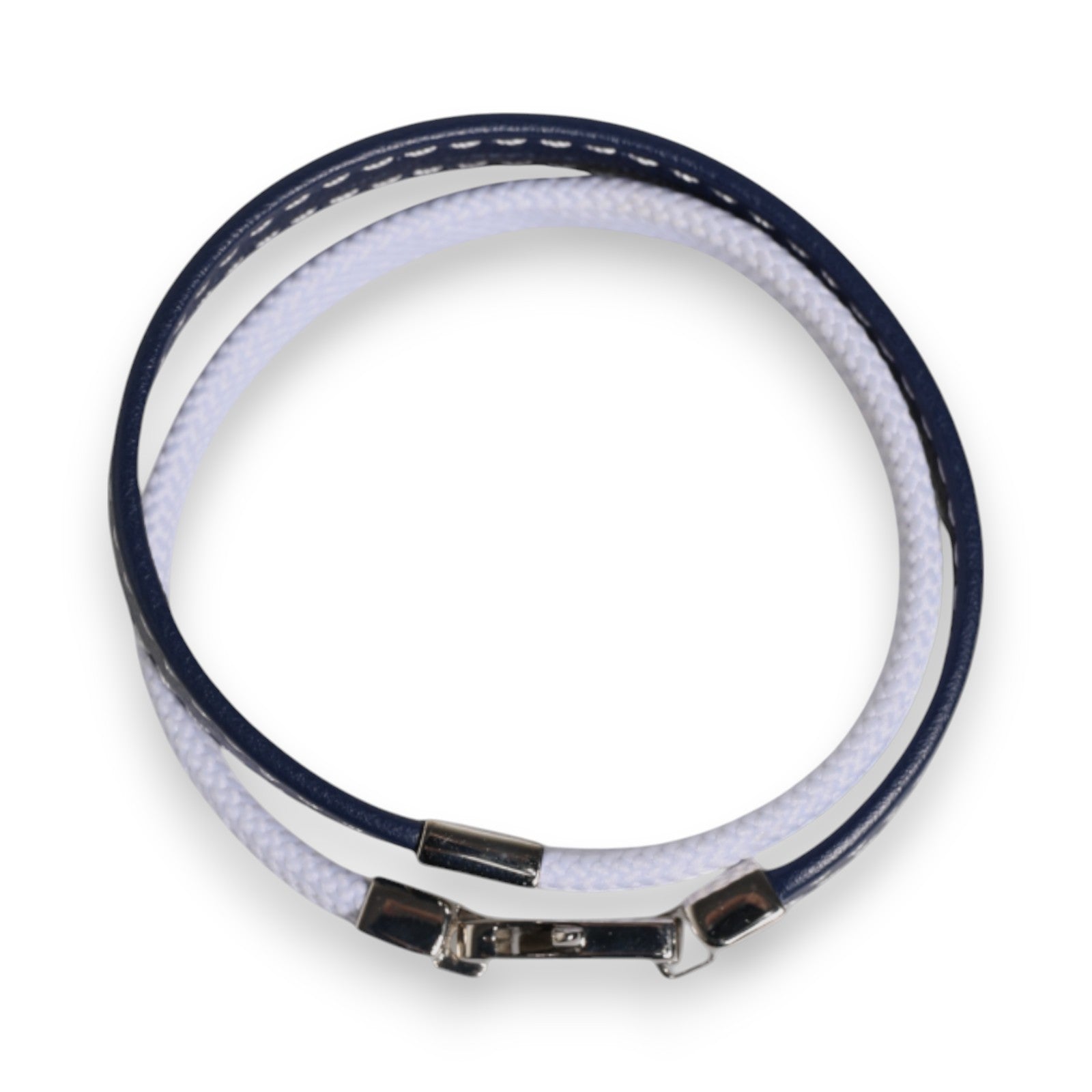 Blue White Leather Trimmed DG Engraved Silver Tone Clasp Bracelet - ventzia