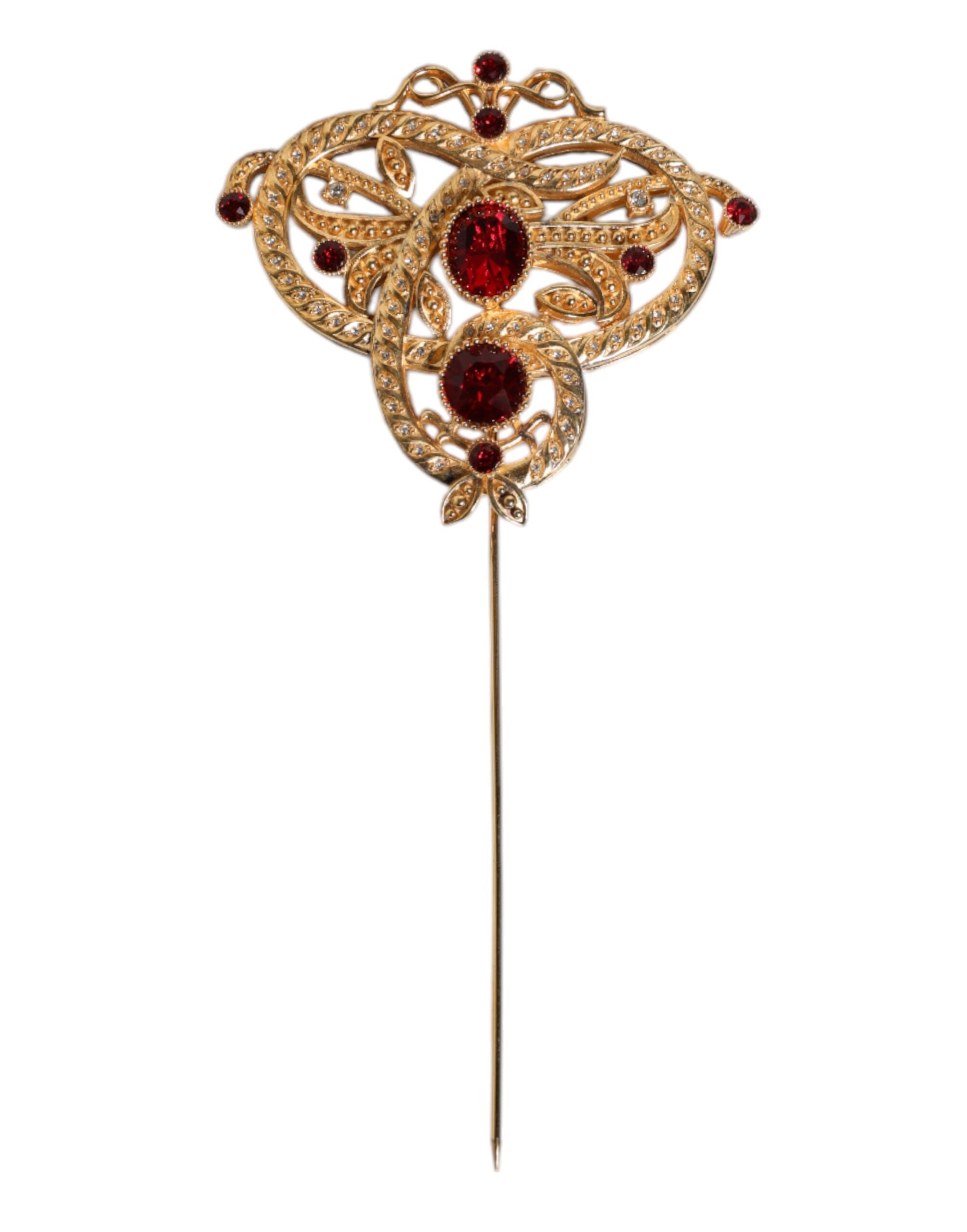 Gold Tone Red Crystal Embellish 925 Sterling Silver Pin - ventzia