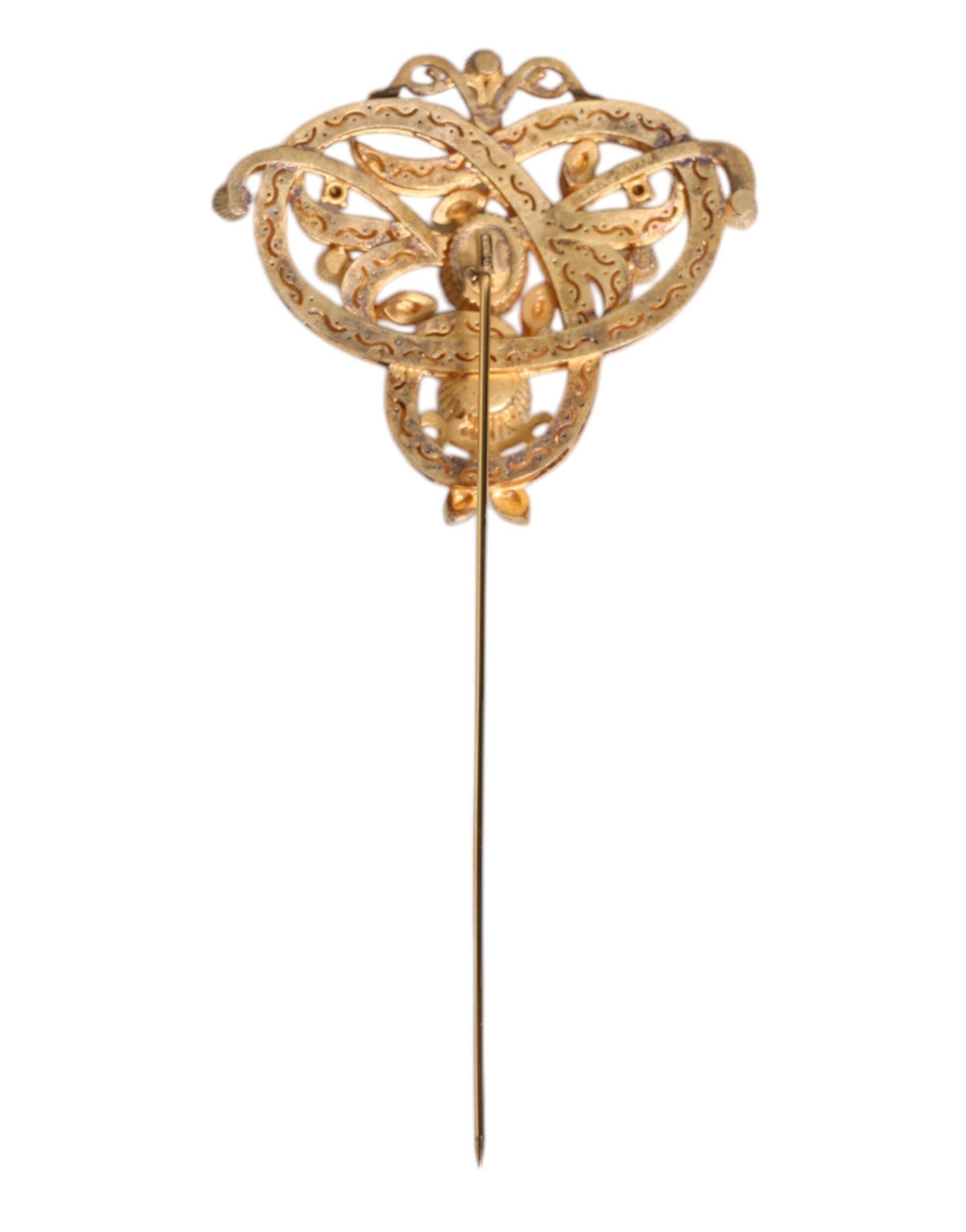 Gold Tone Red Crystal Embellish 925 Sterling Silver Pin - ventzia