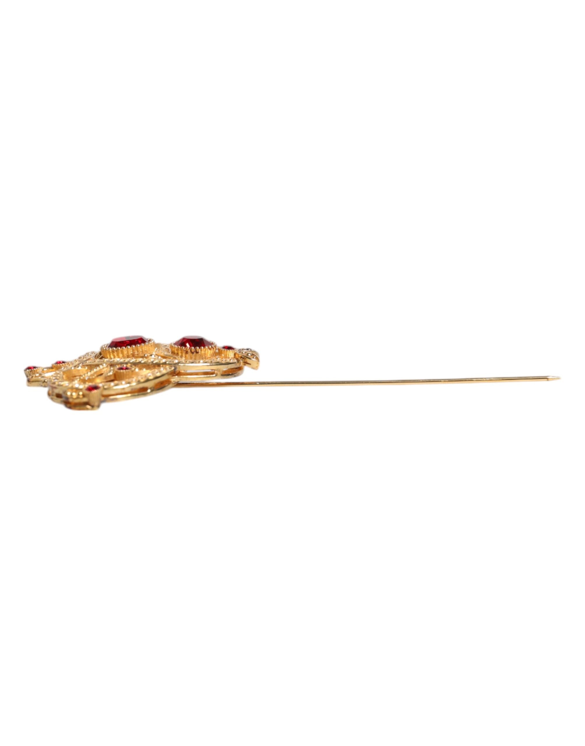 Gold Tone Red Crystal Embellish 925 Sterling Silver Pin - ventzia