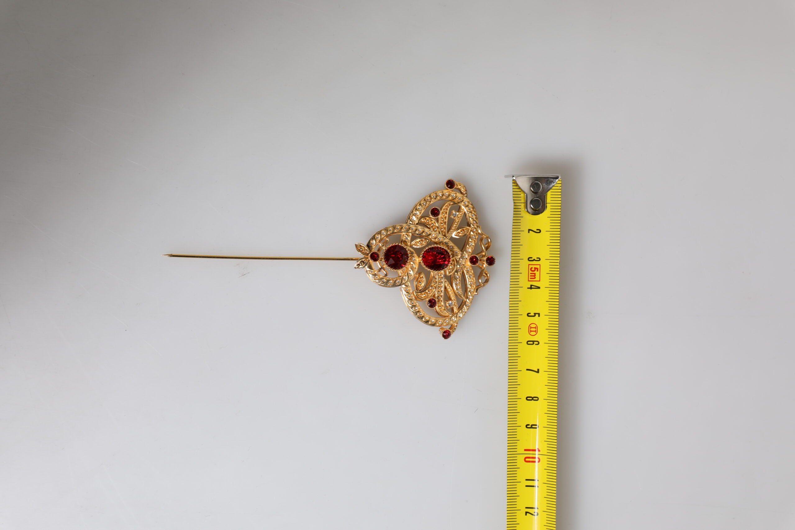 Gold Tone Red Crystal Embellish 925 Sterling Silver Pin - ventzia