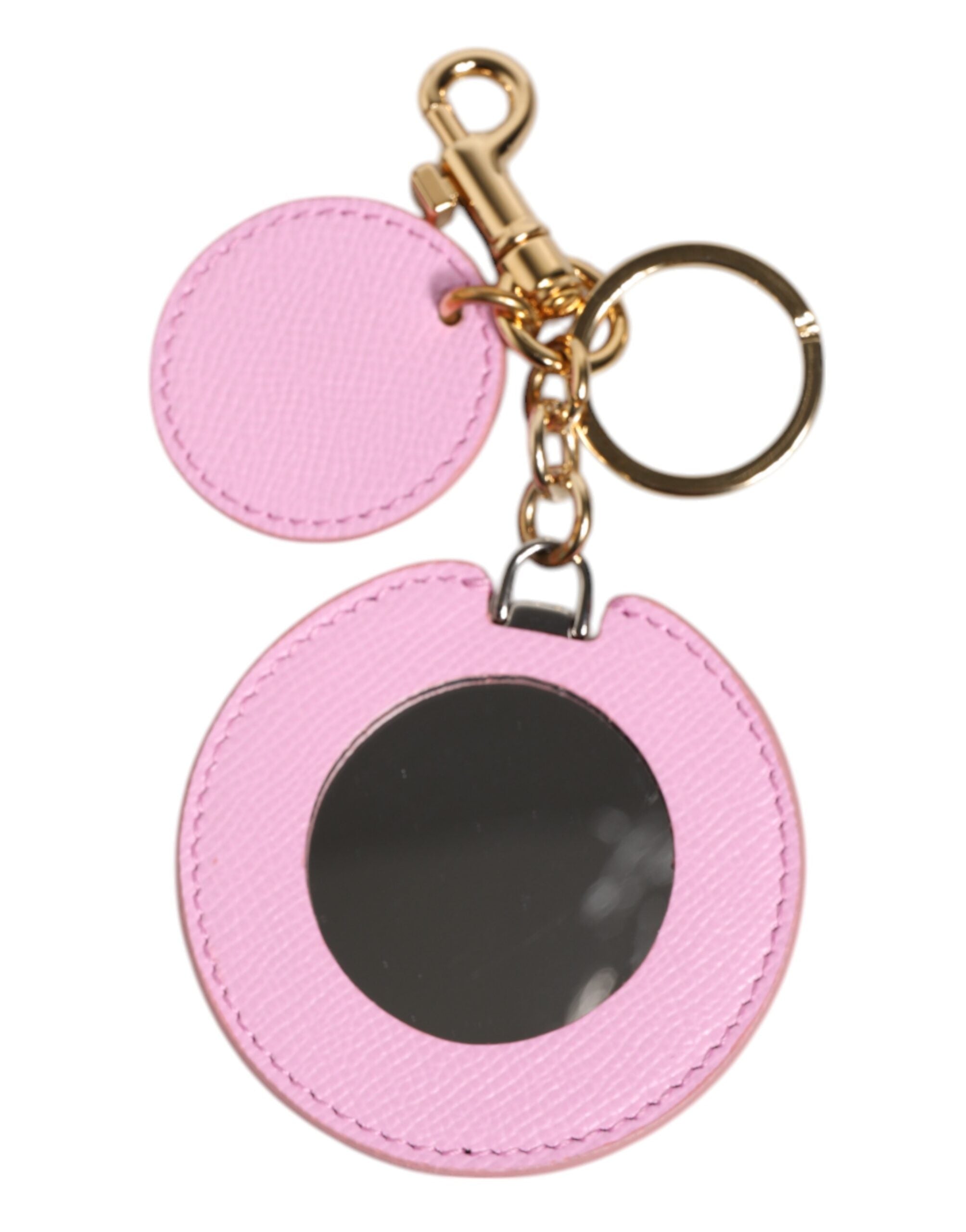 Pink Calf Leather Gold Metal Logo Print Keyring Keychain - ventzia