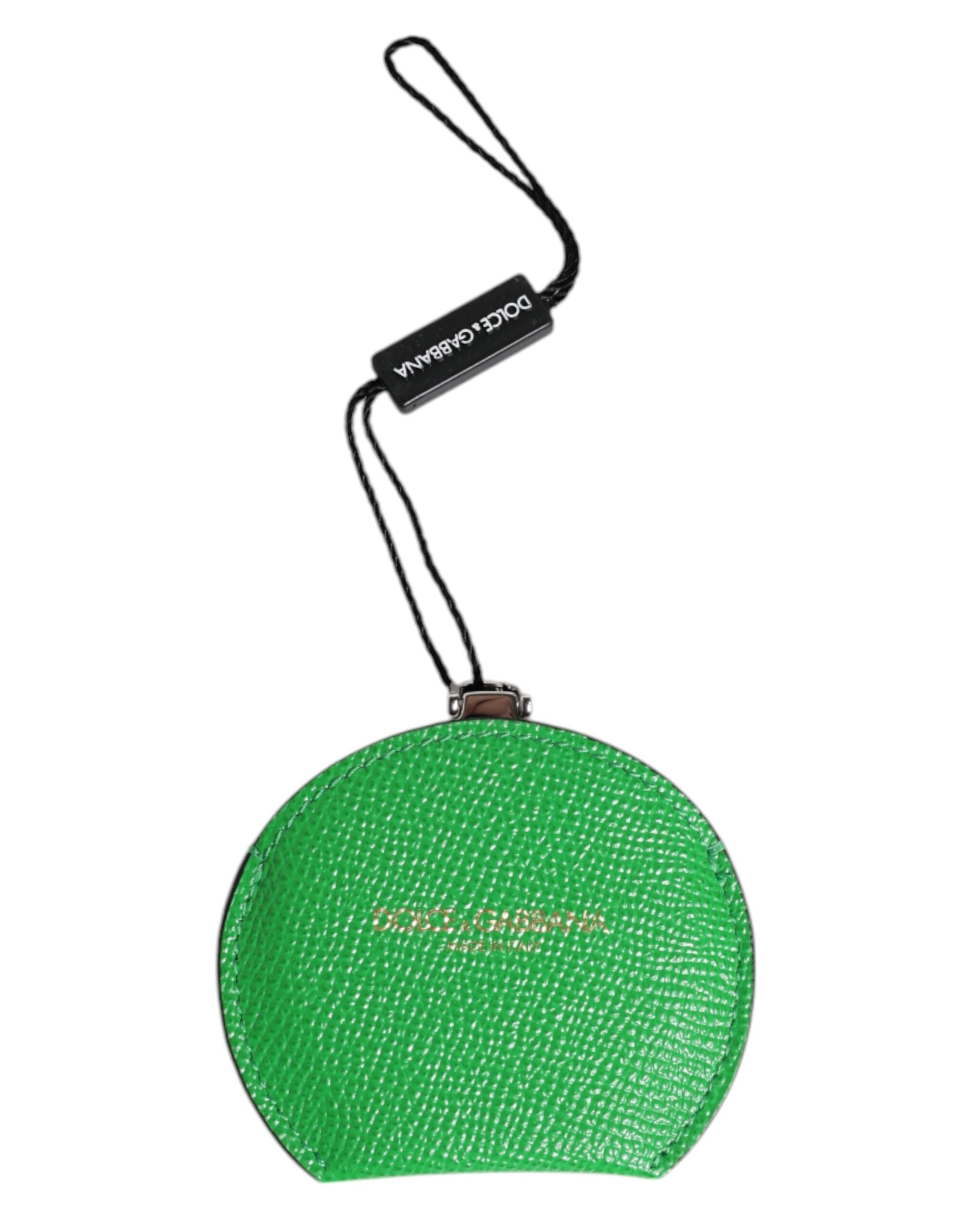 Green Calfskin Leather Round Logo Hand Mirror Holder - ventzia