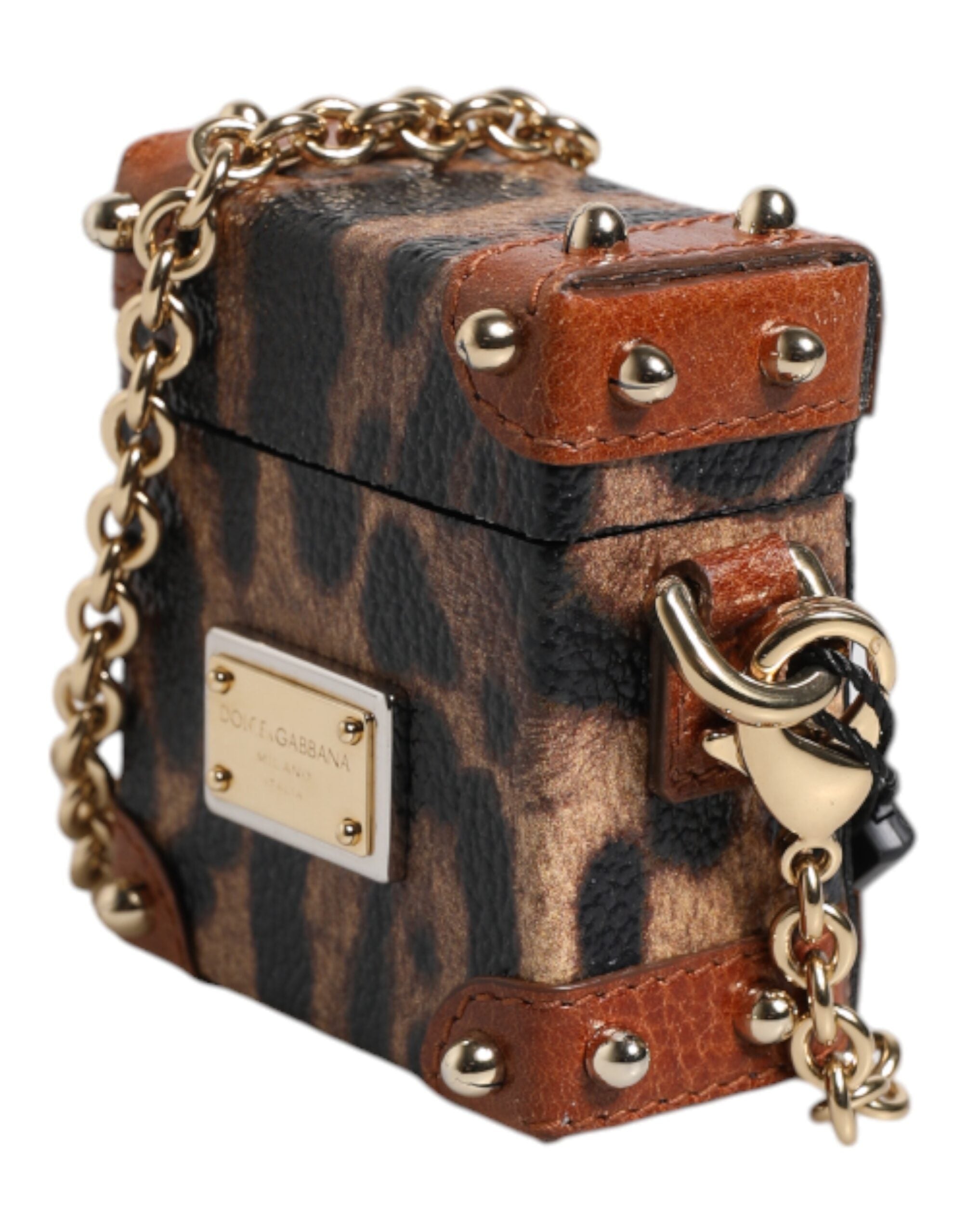 Brown Leopard Metal Logo Plaque Gold Chain Airpods Case - ventzia