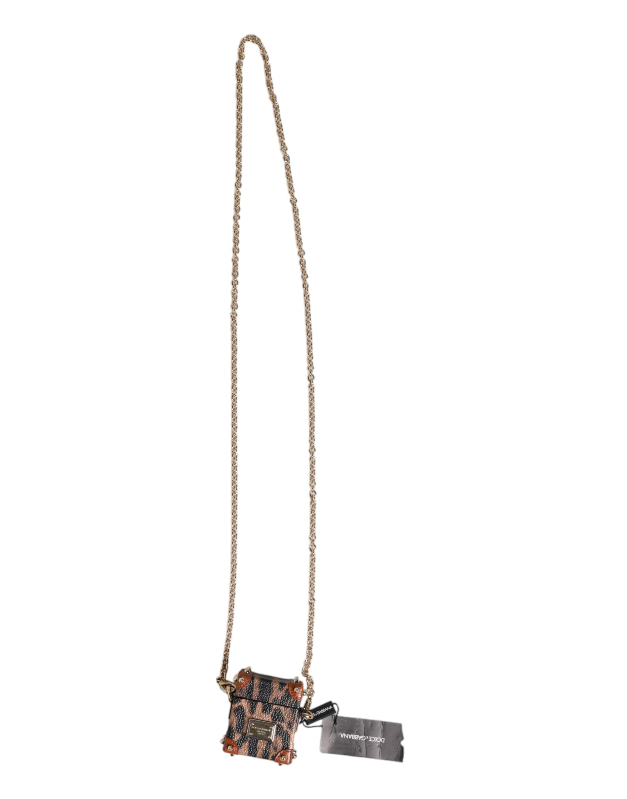 Brown Leopard Metal Logo Plaque Gold Chain Airpods Case - ventzia