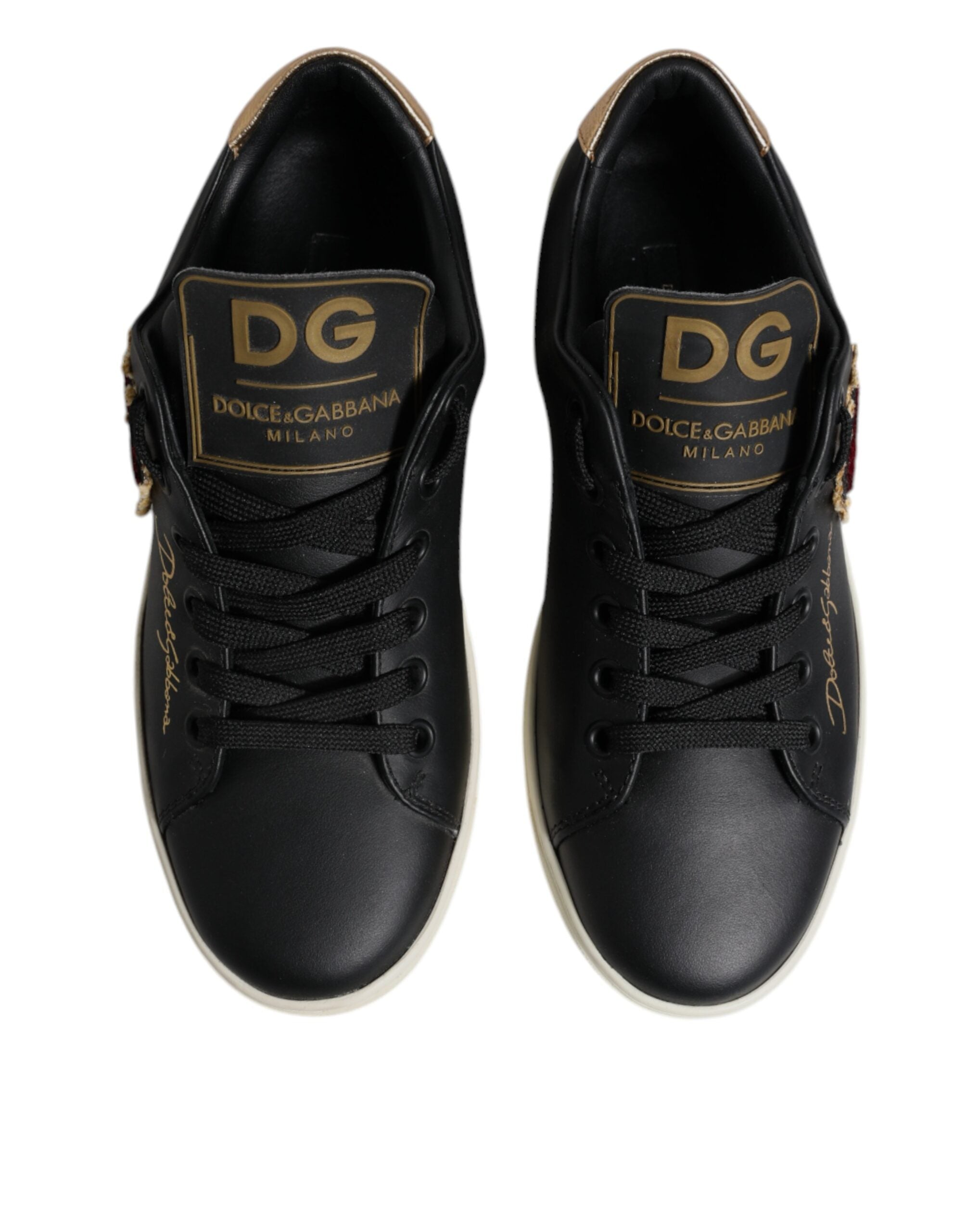 Black Leather Gold Red Heart Sneakers Shoes - ventzia